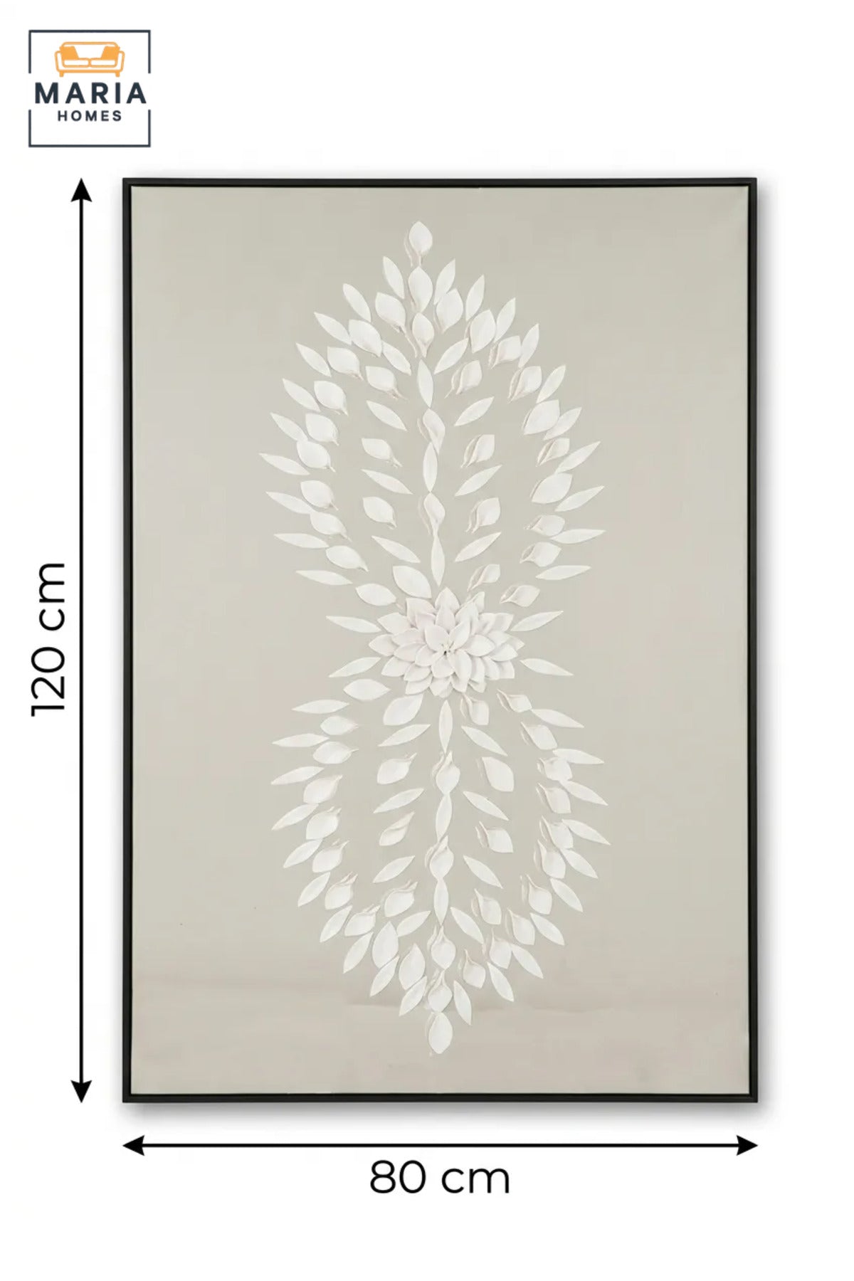 Modern Botanical Textured Wall Art with Slim Black Frame, White Leaf Design on Neutral Grey Canvas for Living Room, Bedroom, Hallway and Office Décor