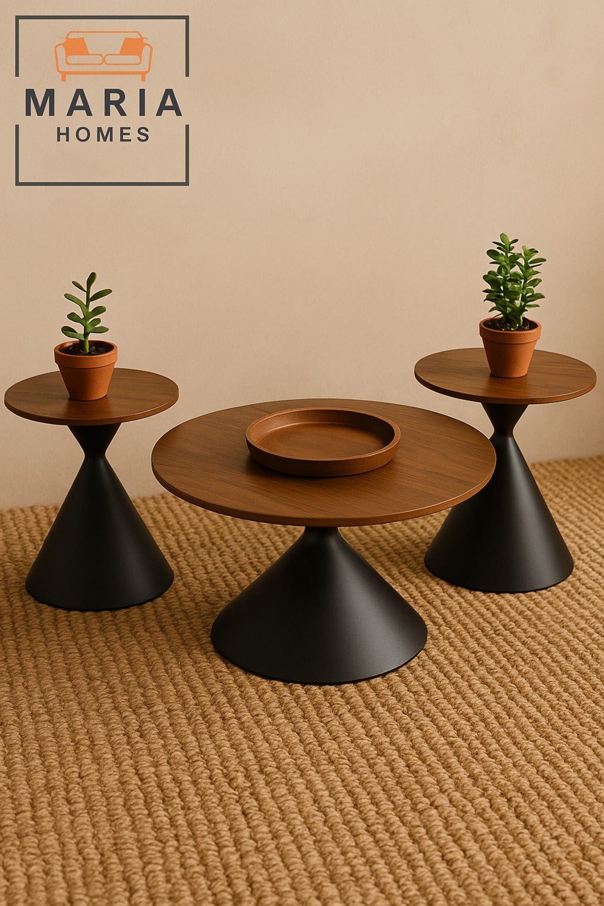 Modern Walnut Coffee Table Set Ð 3-Piece Round Center and Side Tables with Black Cone Base