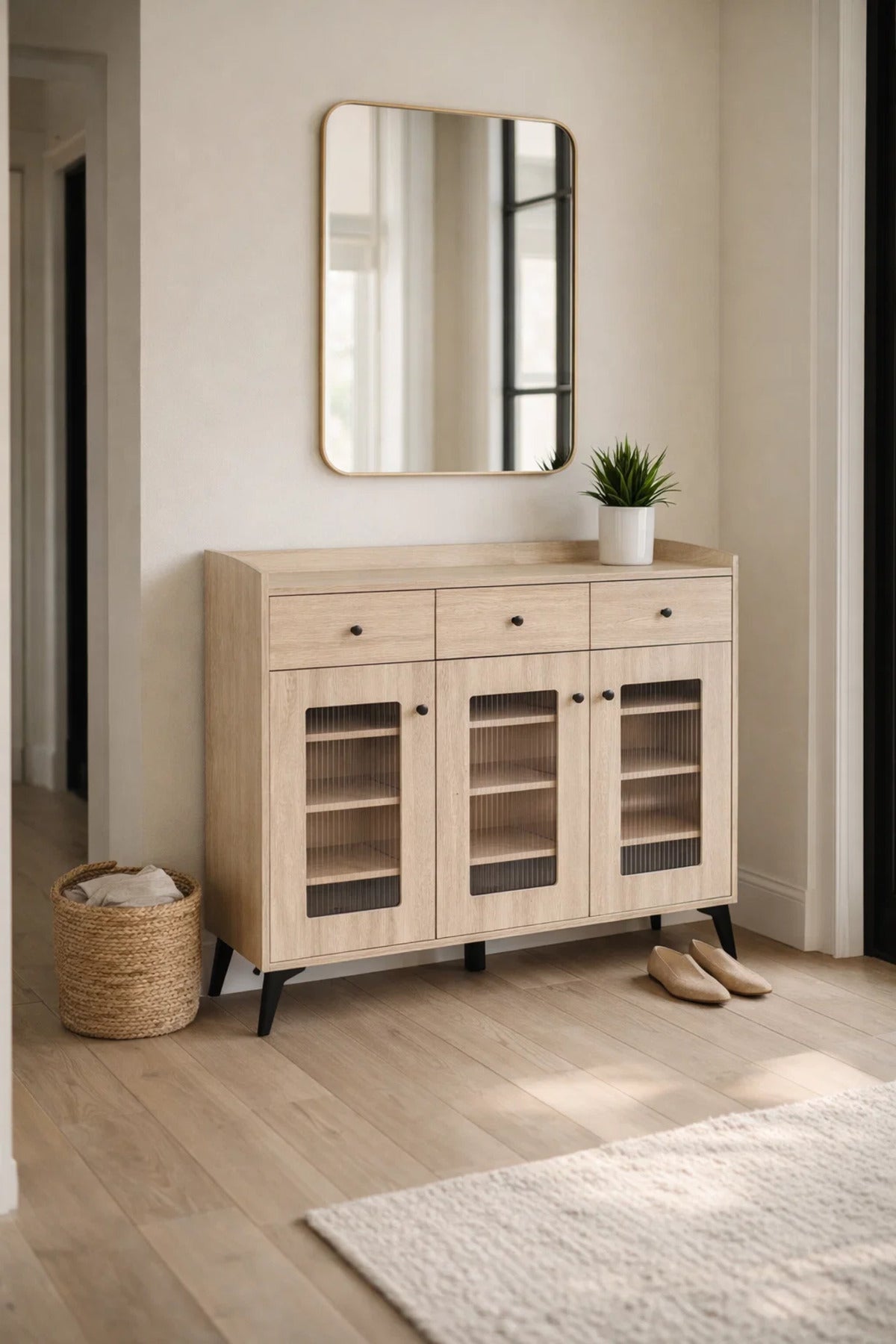 Modern Light Wood Shoe Cabinet with Drawers and Glass Doors - Stylish Entryway Storage Organizer