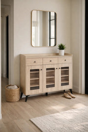 Modern Light Wood Shoe Cabinet with Drawers and Glass Doors - Stylish Entryway Storage Organizer