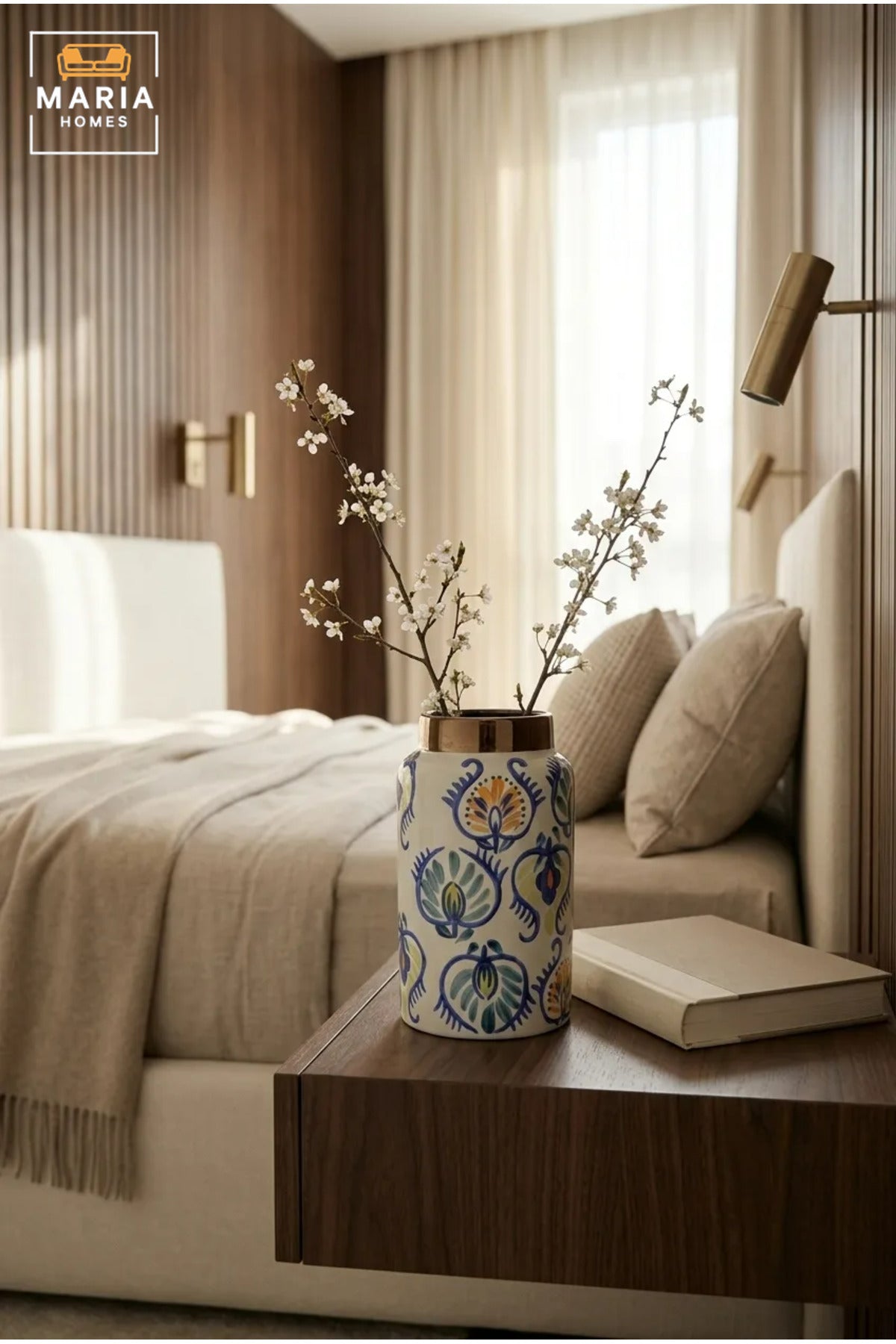 Multicolour Floral Decorative Vase, Modern Cylindrical Ceramic Flower Holder with Metallic Neck for Living Room, Bedroom, Office, Shelf and Table Décor