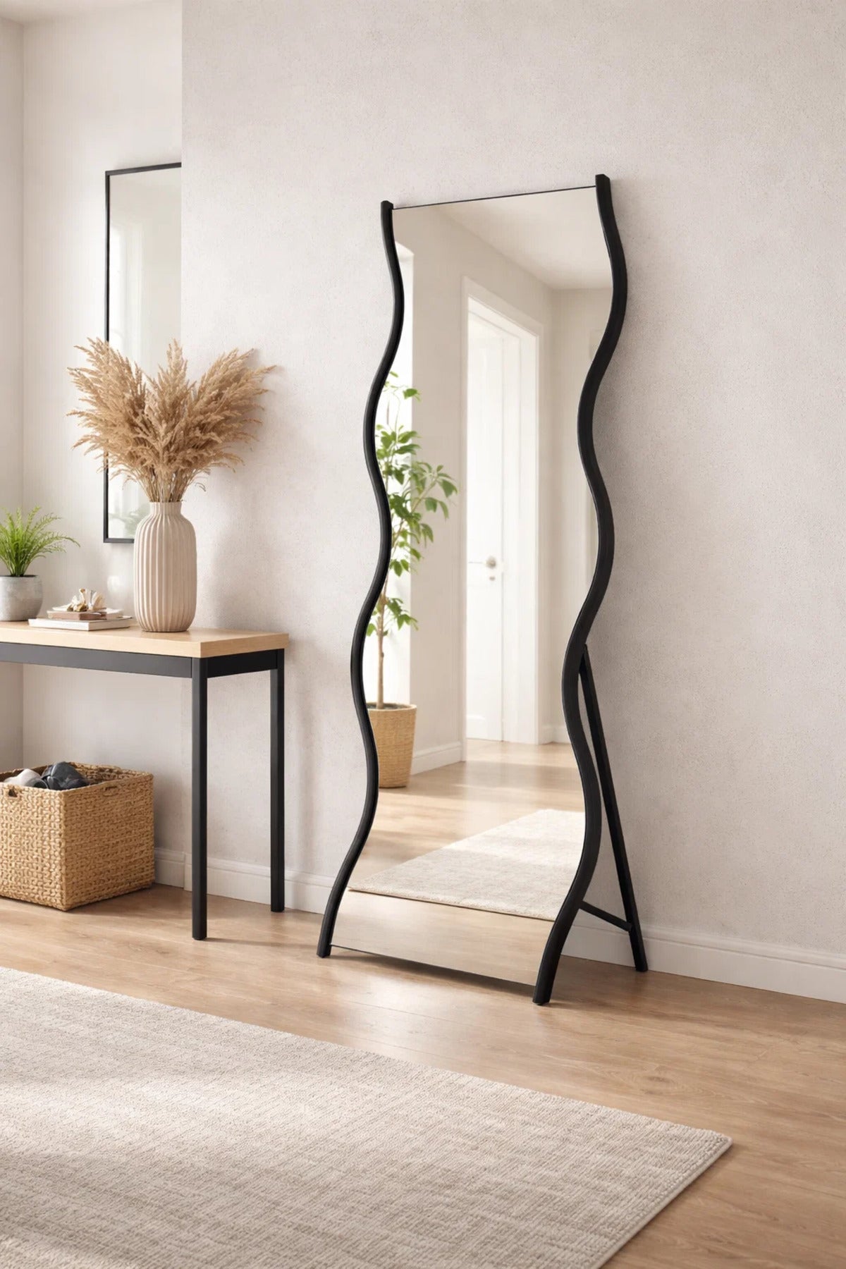 Modern Wavy Full Length Floor Mirror with Black Metal Frame & Stand