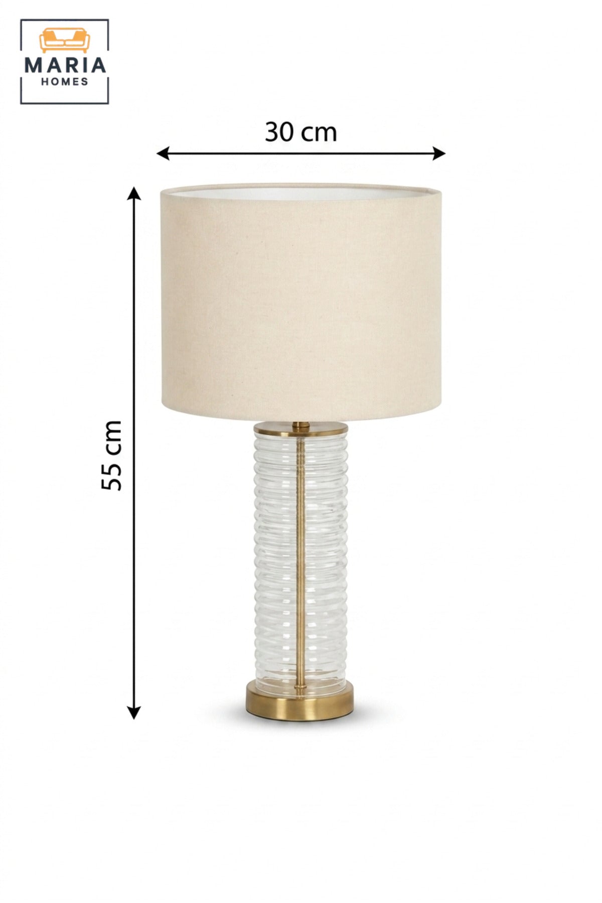 Modern Clear Ribbed Glass Table Lamp with Fabric Drum Shade and Gold Accents Elegant Bedside Light for Bedroom Living Room Office and Hotel Décor