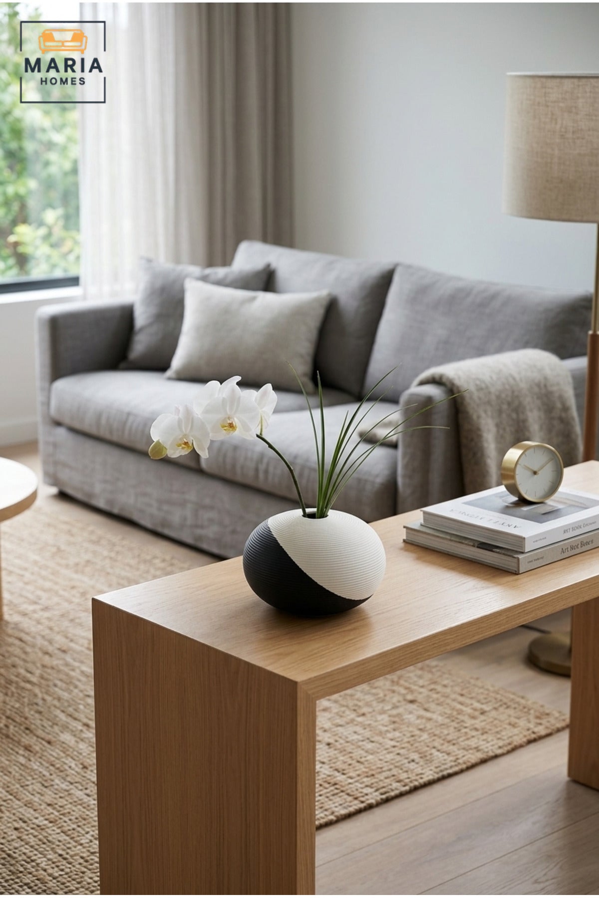 Modern Decorative Flower Vase with Two-Tone Abstract Design, Low Round Shape and Ribbed Texture for Living Room, Office, Shelf and Console Décor
