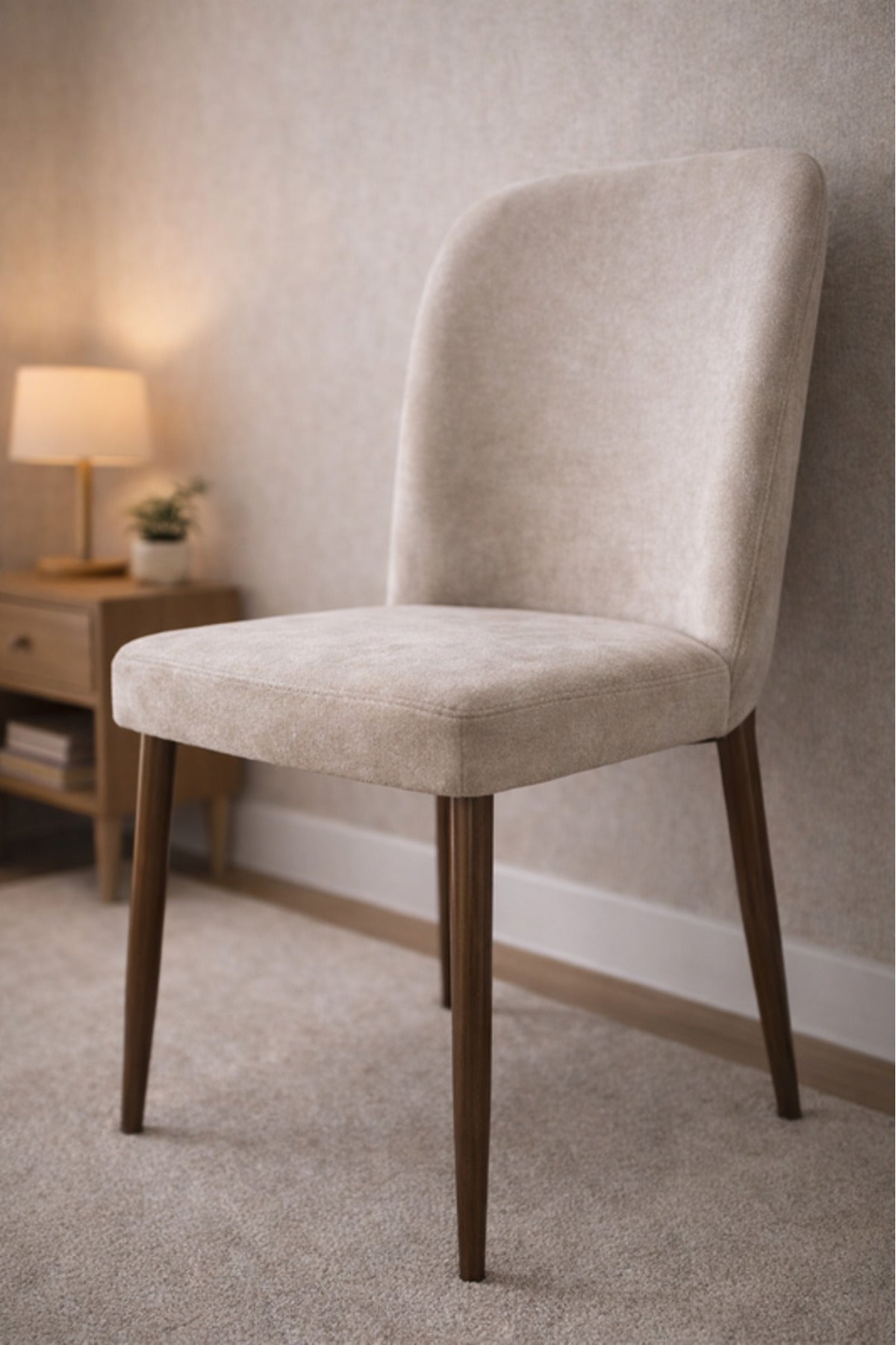 Premium Dark Beige Fabric Dining Chair with Elegant Dark Legs for Stylish Kitchen Dining Area