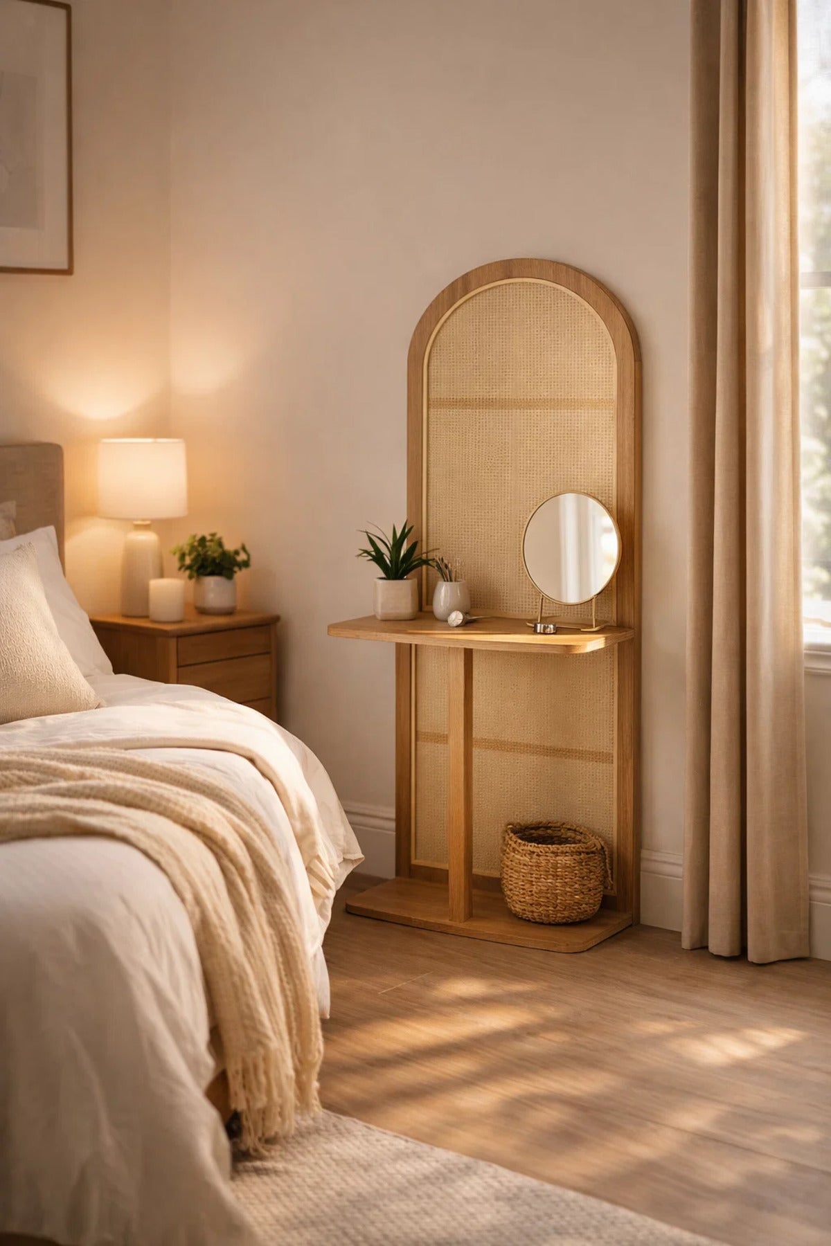 Modern Arched Orginizer Rack with Cane Panel and Brown Wood Frame