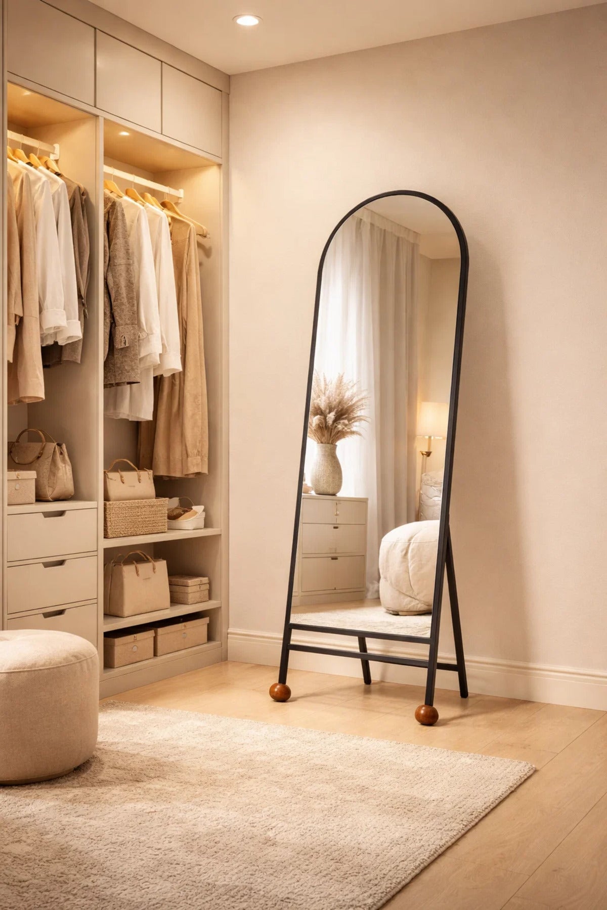 Modern Arched Full Length Floor Mirror with Black Metal Frame and Stand