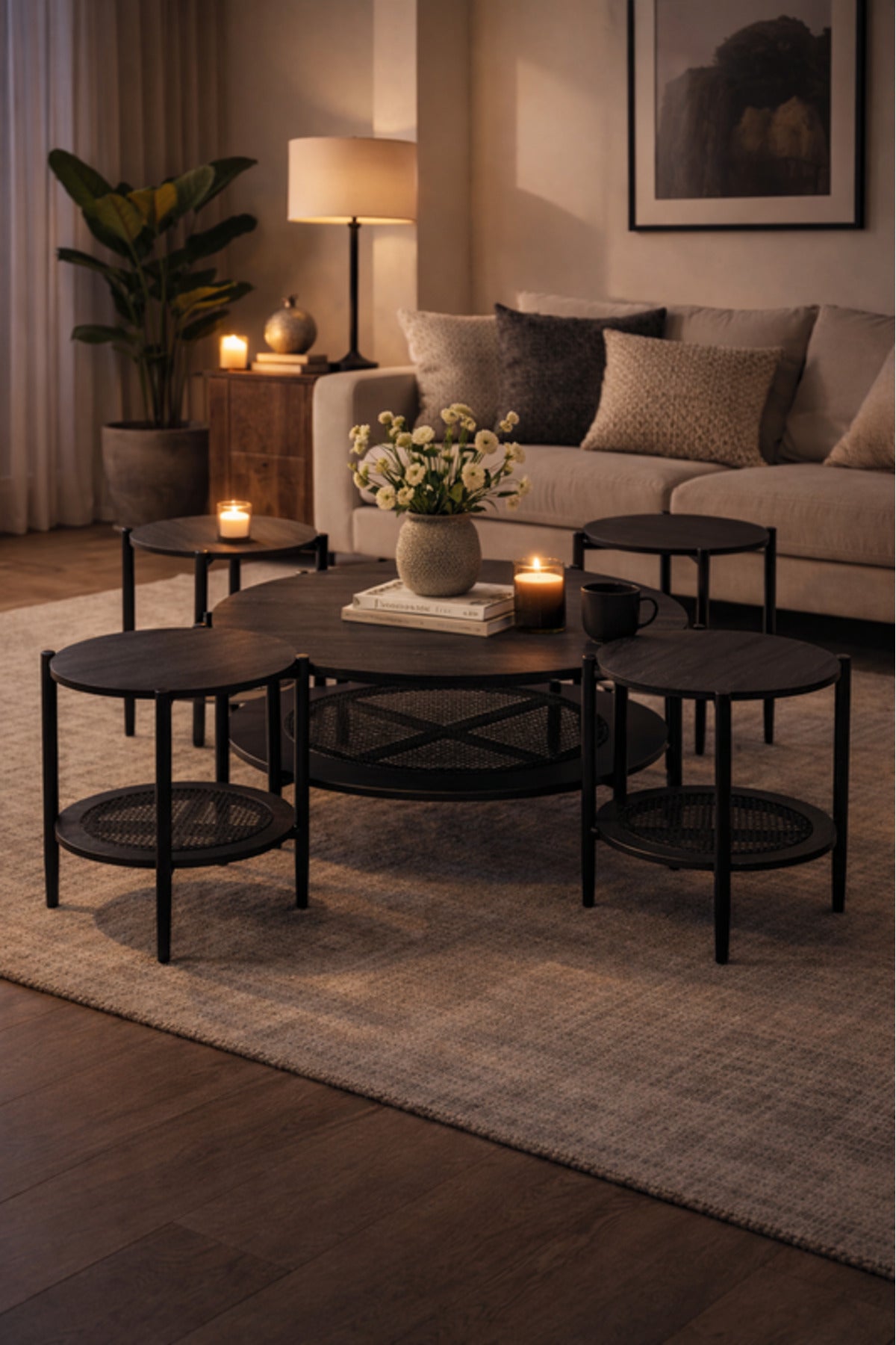 Dark Grey Round Coffee Table Set of 5 with 4 Side Tables and Mesh Shelf for Modern Living Rooms