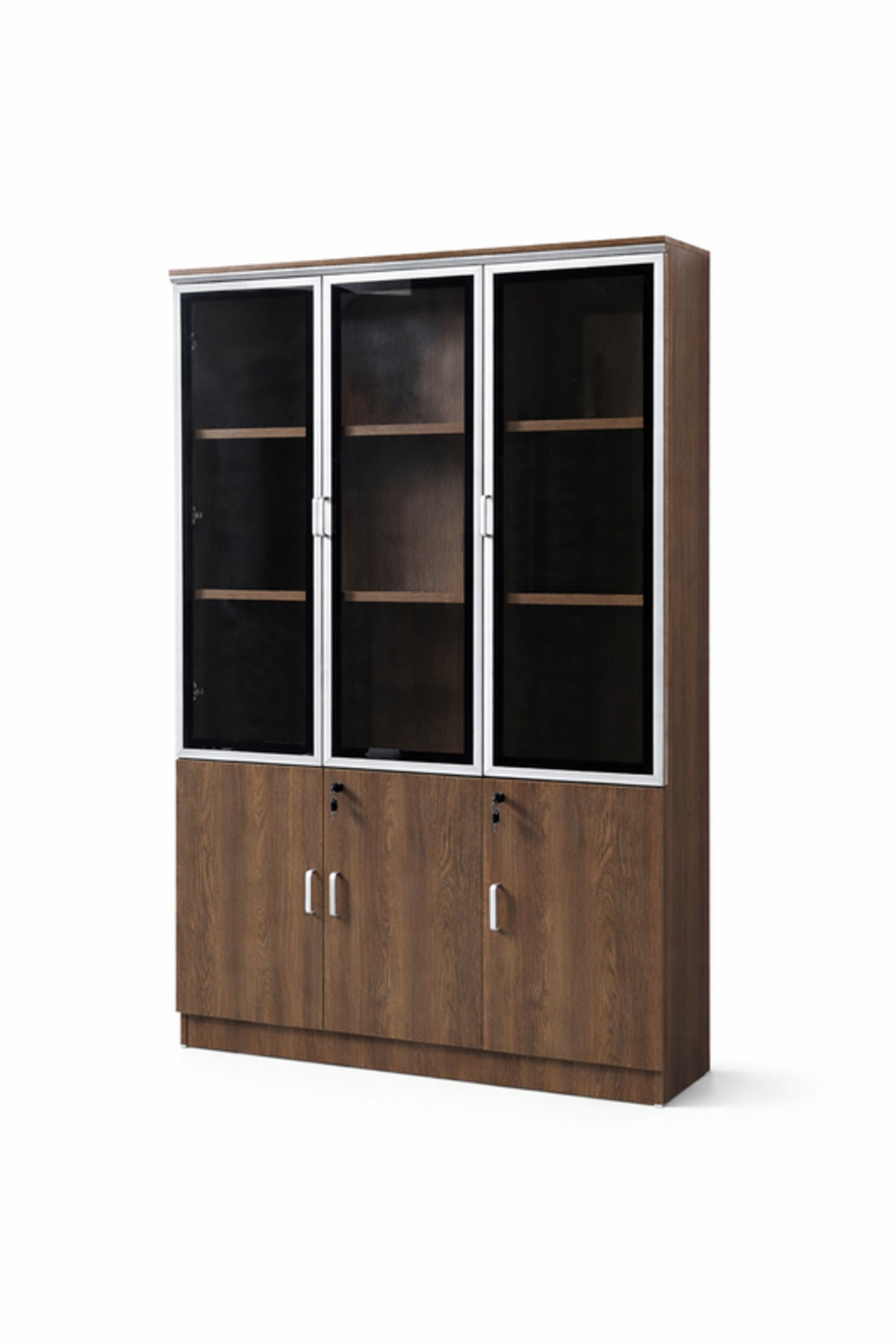 Modern Brown Wooden File Storage Cabinet with Three Glass Doors and Lockable Lower Shelves