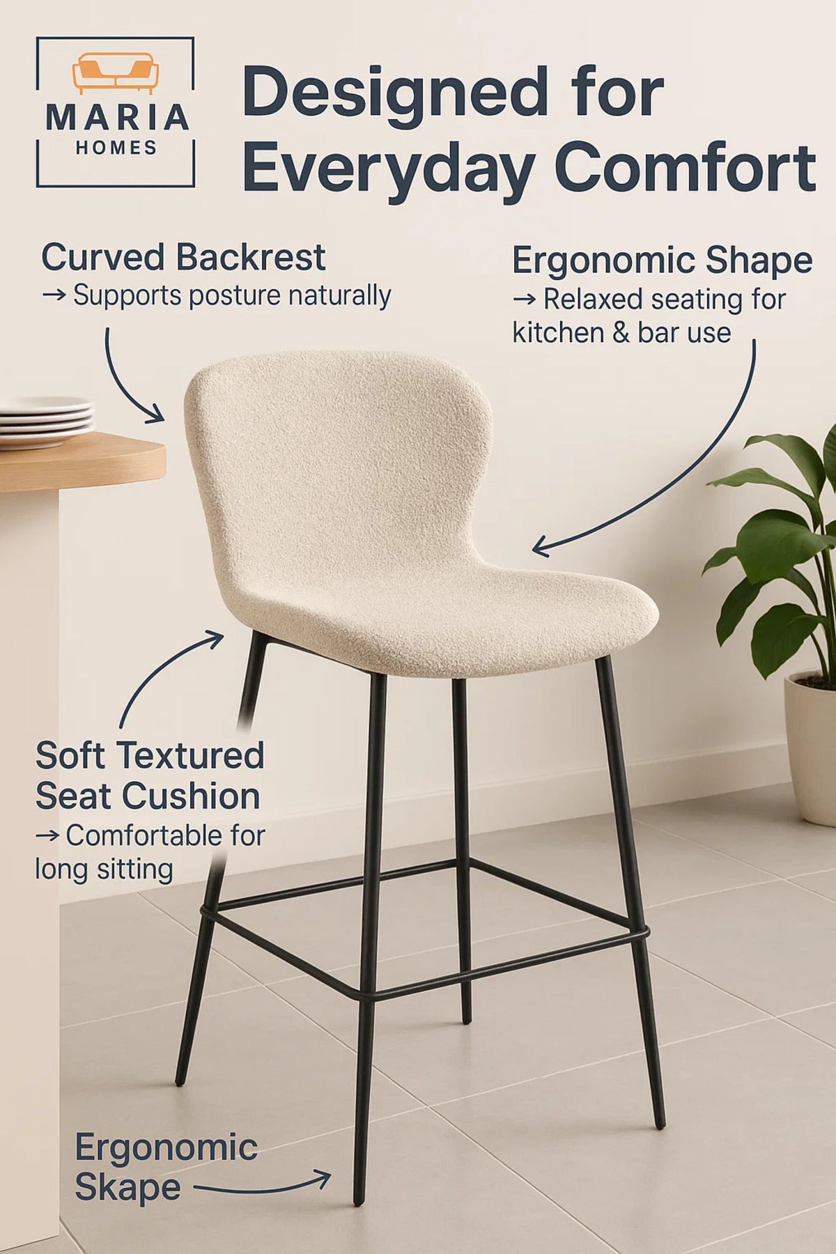 4 PCS Beige Fabric Bar Stool with Black Metal Legs Modern Design