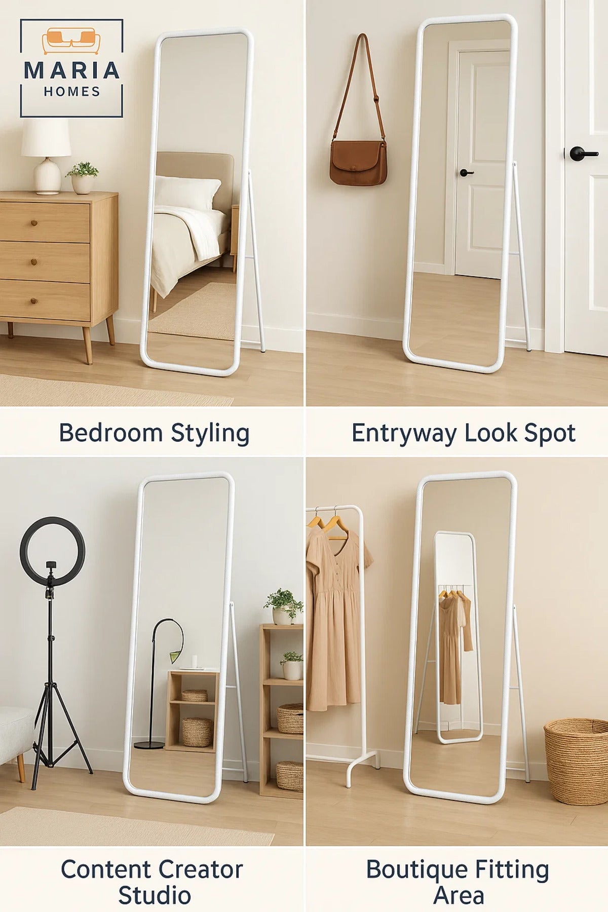 White Standing Full-Length Mirror with Rounded Frame Minimalist Design for Bedroom or Dressing Room