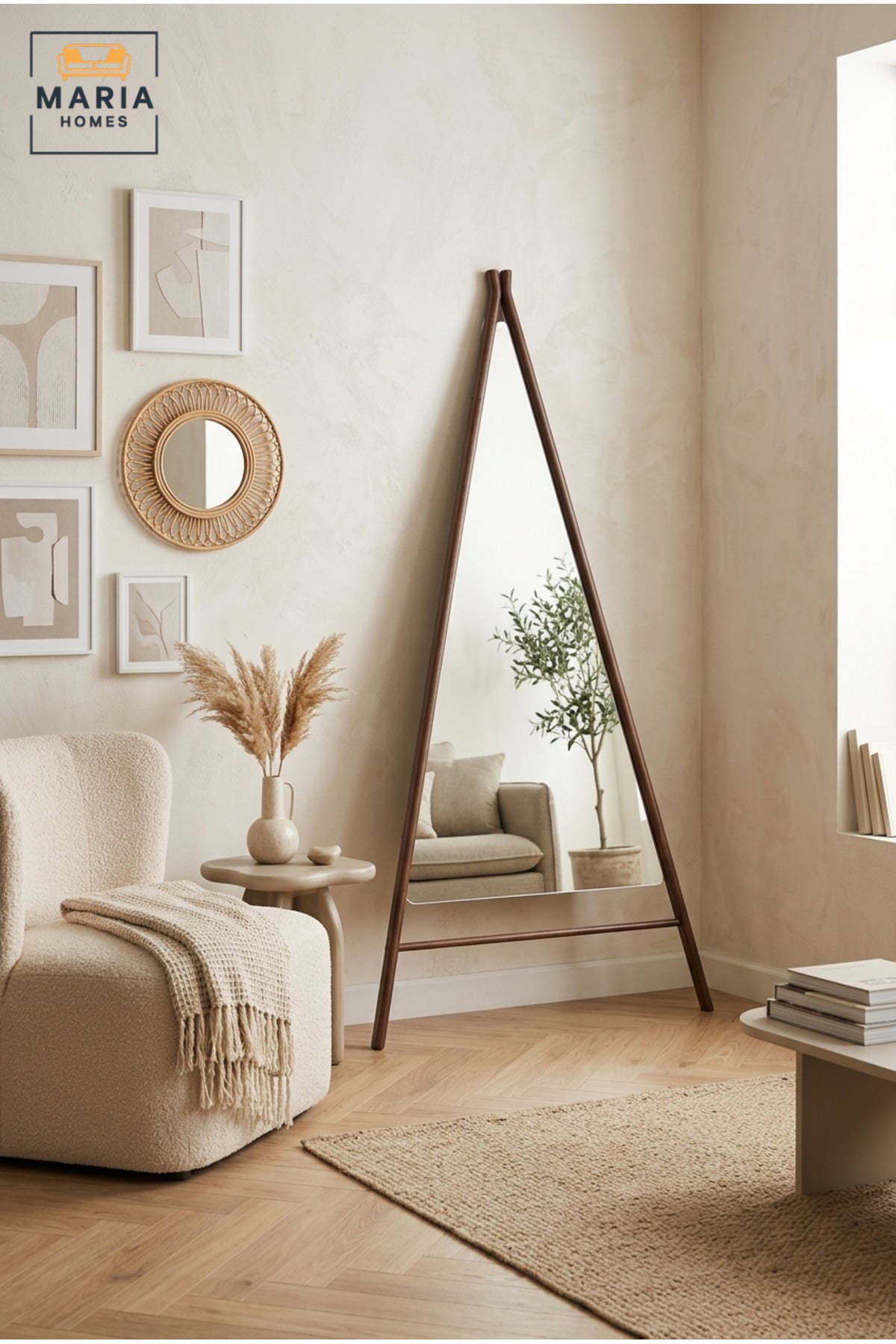 Modern Full Length Floor Mirror with Wooden Triangular A-Frame Stand, Freestanding Dressing Mirror for Bedroom, Entryway, Wardrobe and Boutique