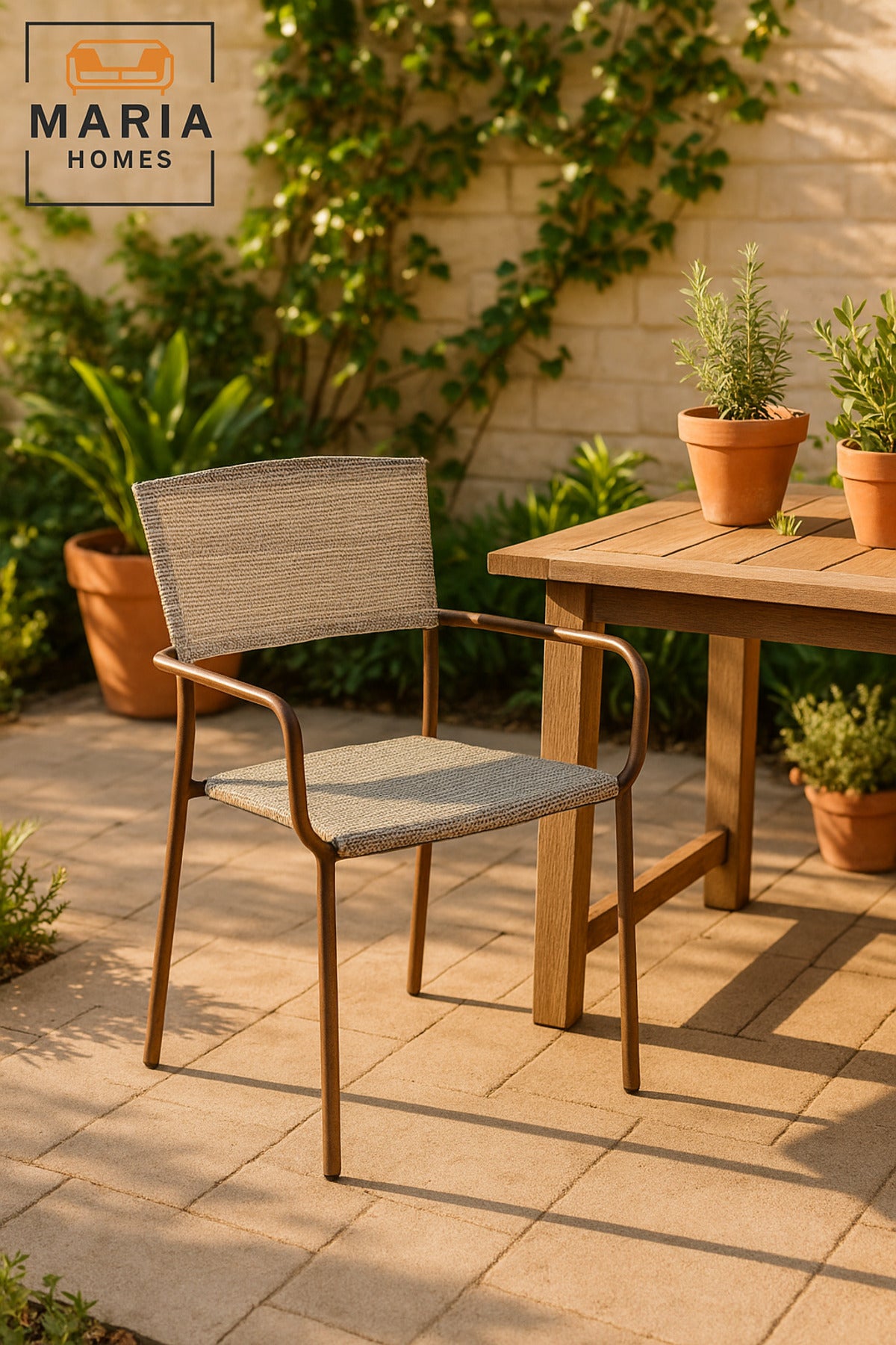 White Brown Metal Outdoor Chair with Armrests Ð Stylish Patio & Garden Dining Seat