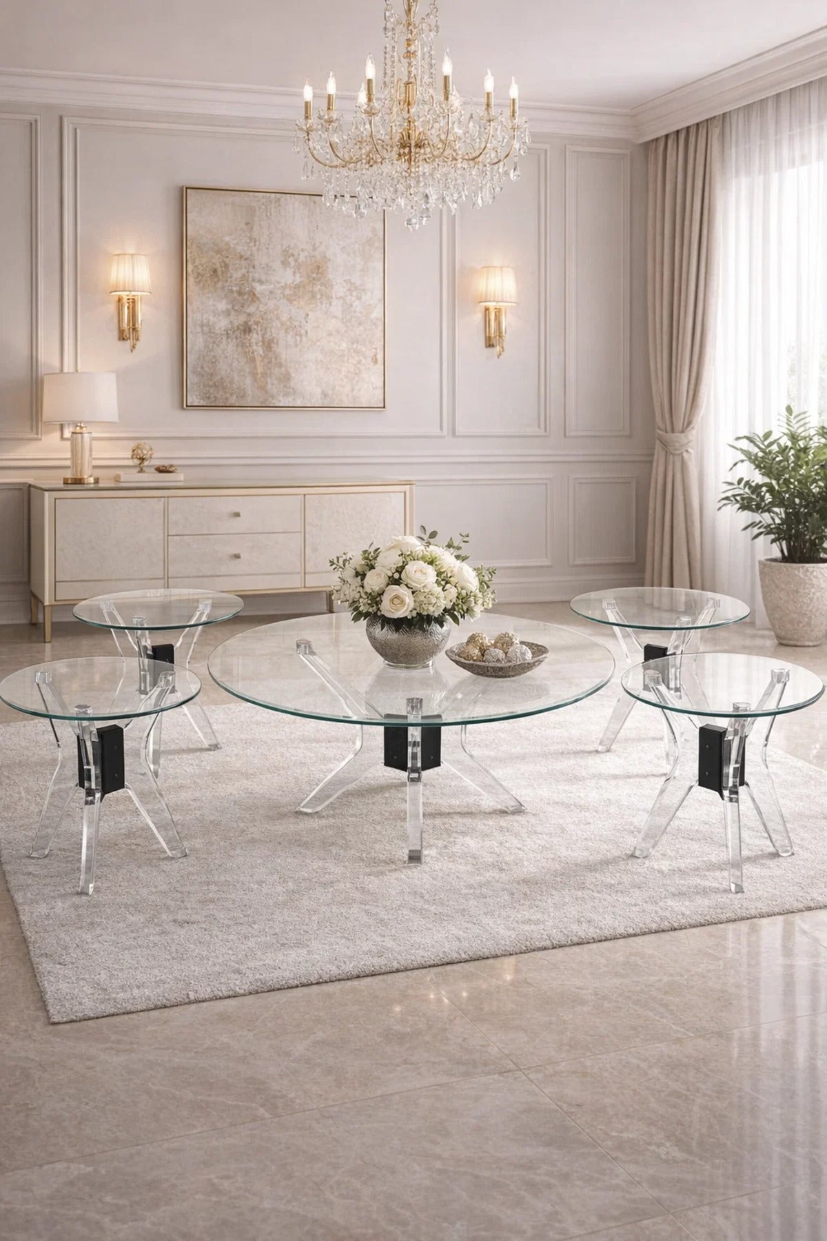 uxury 5-Piece Glass Coffee Table Set with Black Acrylic Base √ê Modern Living Room Set