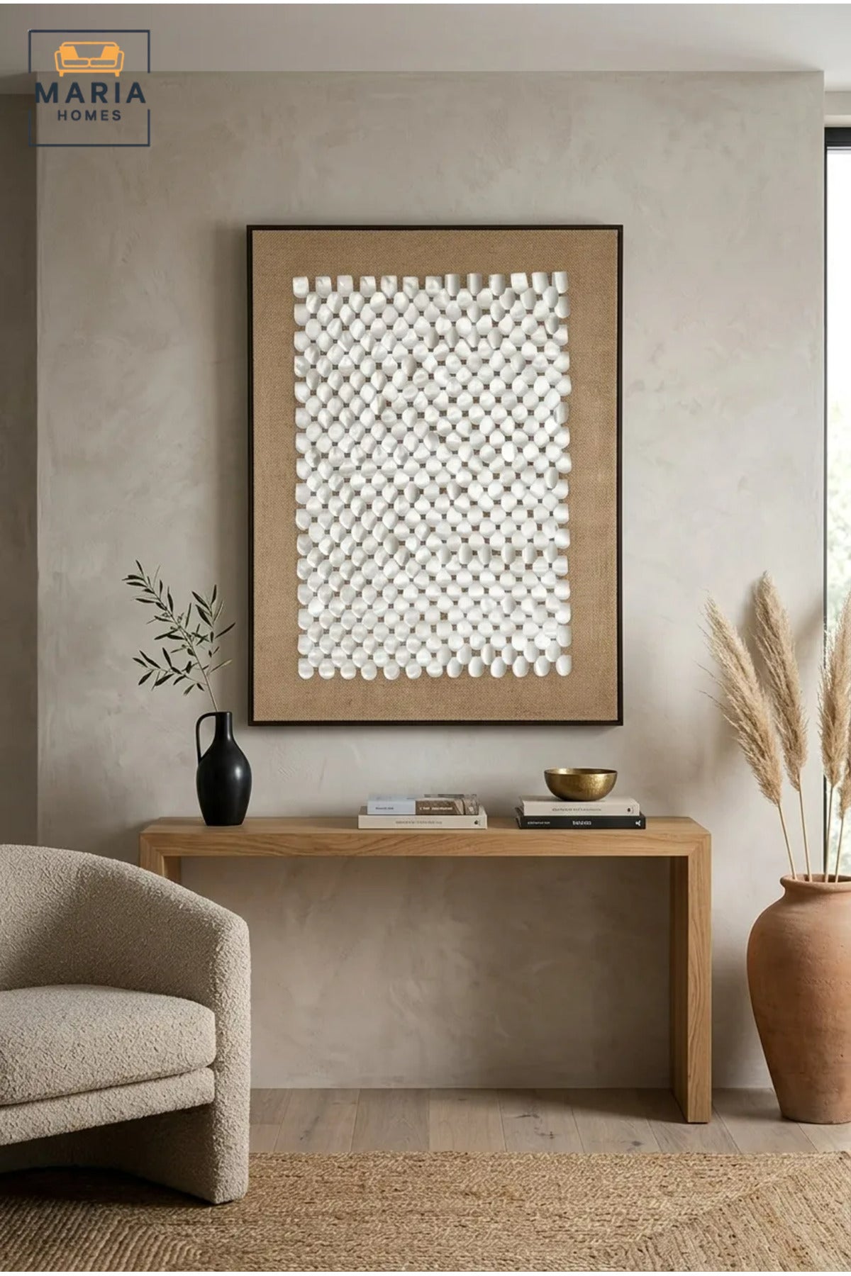 Modern Abstract Textured Wall Art with Slim Black Frame, White Woven Geometric Design on Beige Canvas for Living Room, Bedroom and Office Décor