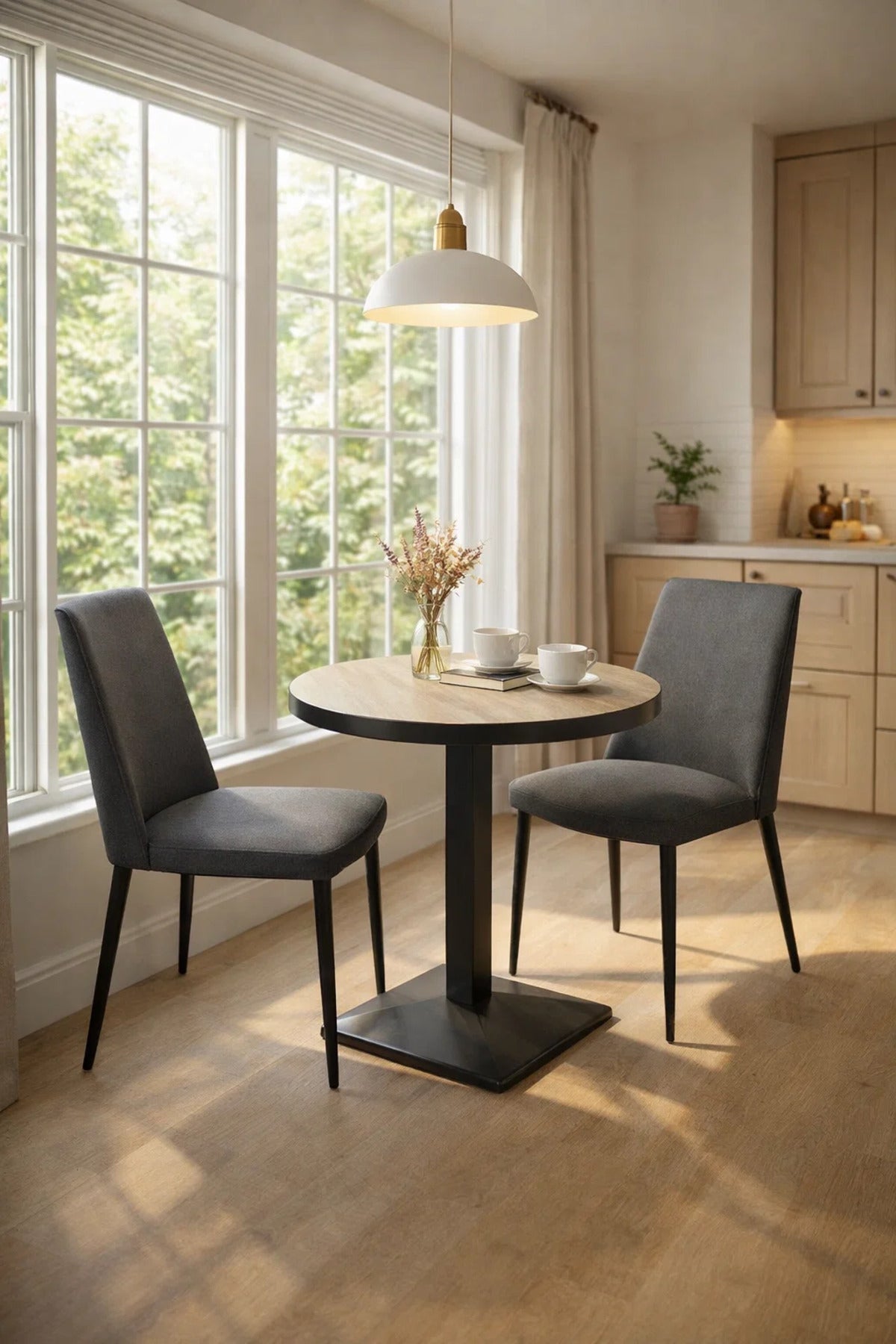 Modern Beige Melamine Round Dining Table Black Metal Pedestal Base 70cm for Cafe and Kitchen