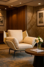 Beige Velvet & Leather Lounge Chair, Luxury Armchair for Living Room, Bedroom & Office Cabin