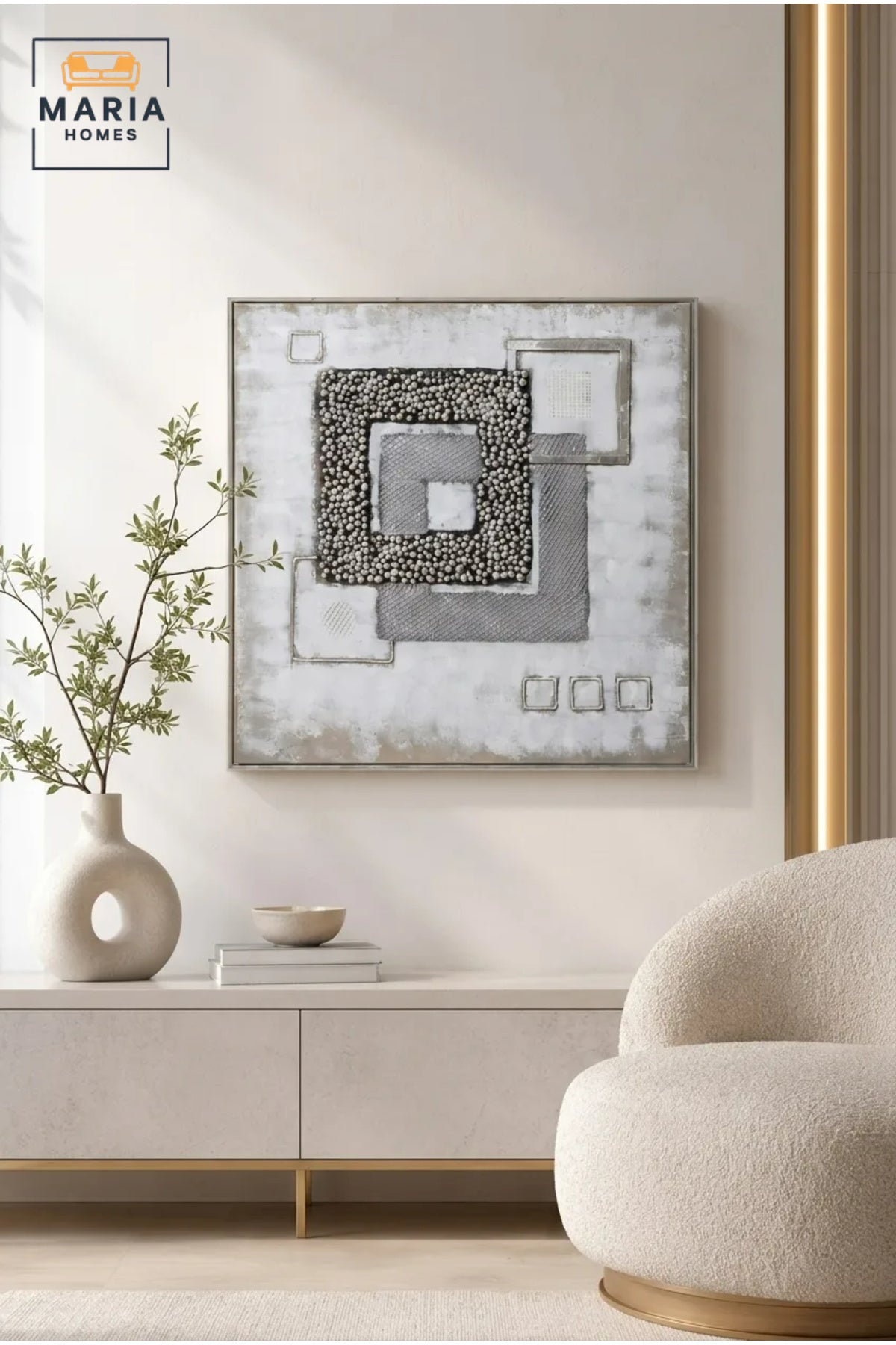 Modern Silver Geometric Wall Art Ð Textured Abstract Square Design with Decorative Metallic Bead Accents