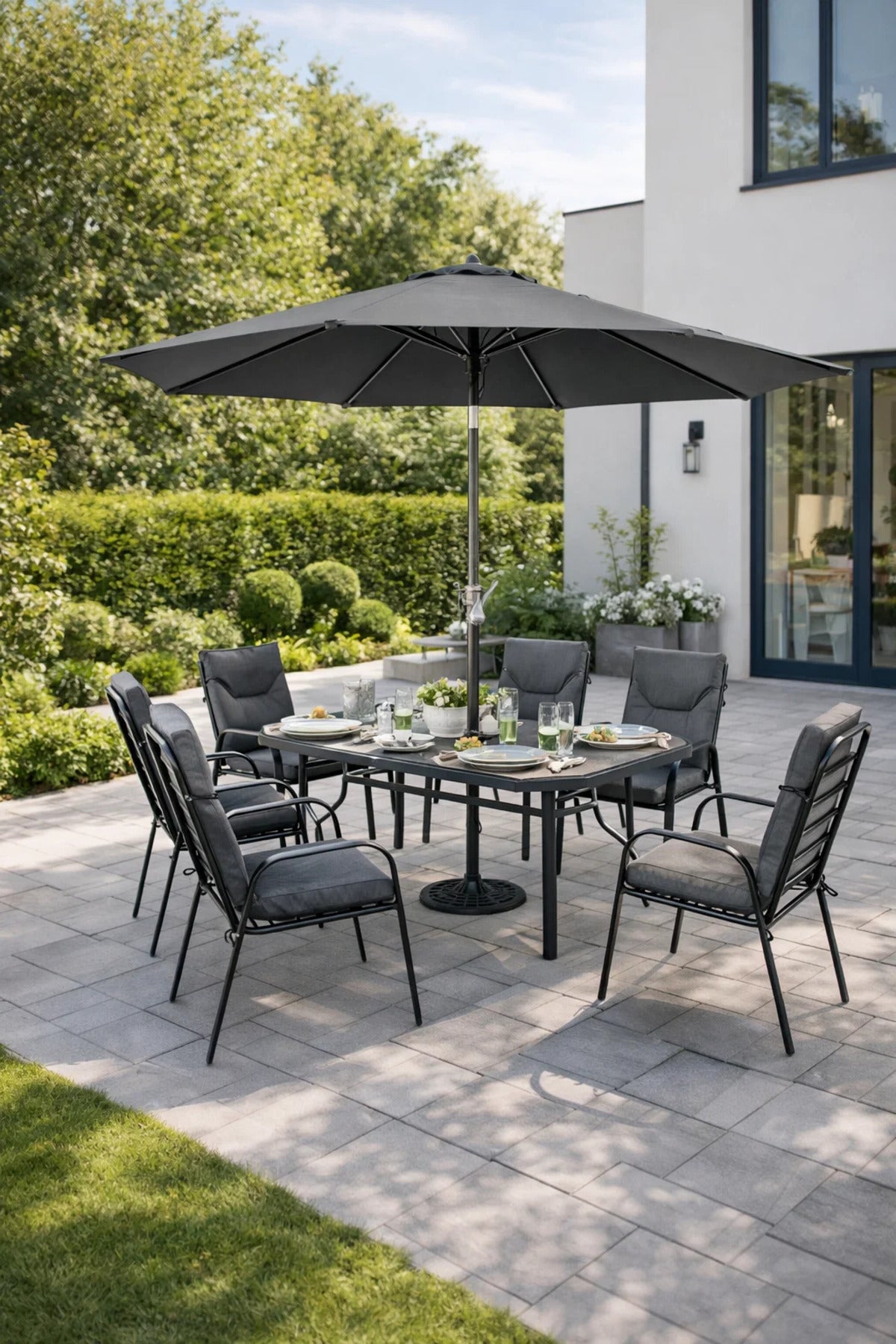 Outdoor 6-Seater Dining Set with Parasol Rectangular Table and Comfy Cushioned Chairs Dark Grey