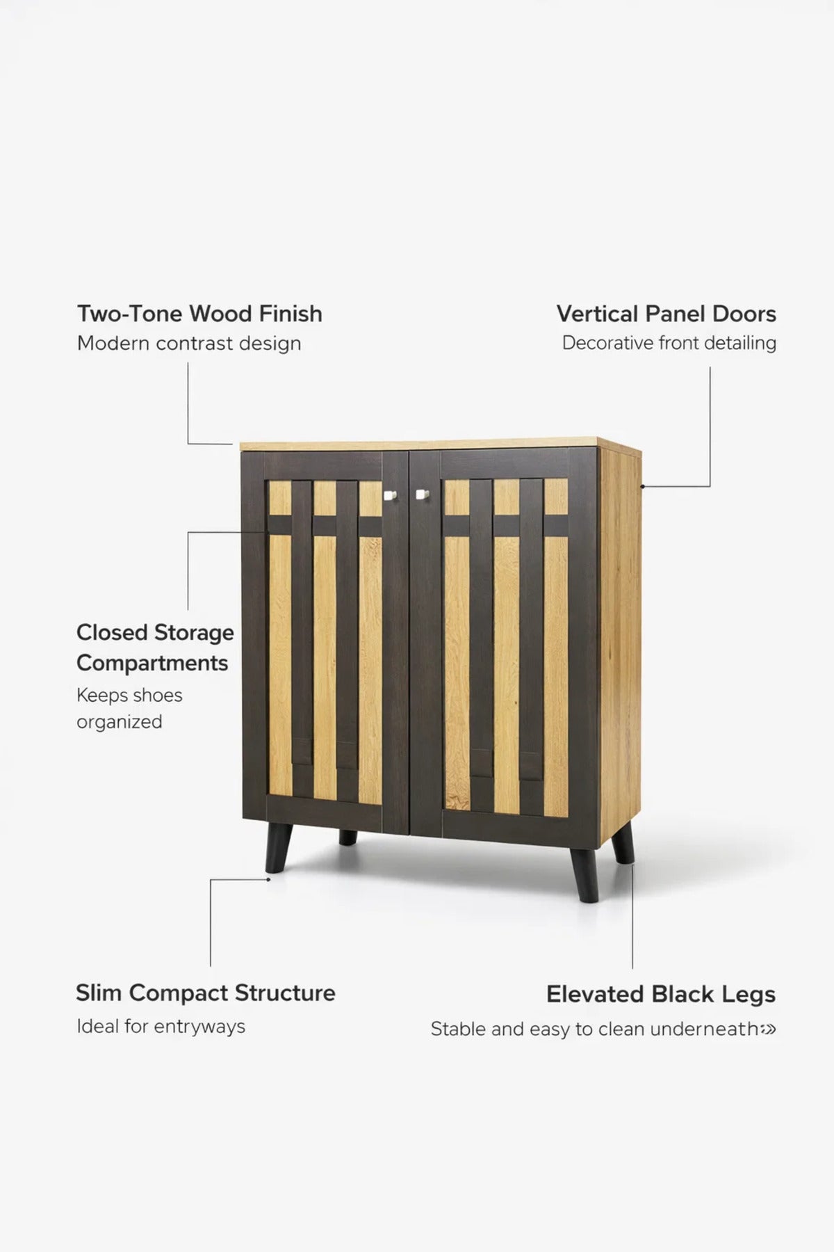 Modern Wooden Shoe Cabinet 2-Door Entryway Storage Organizer Rack Two-Tone Brown Finish 80cm