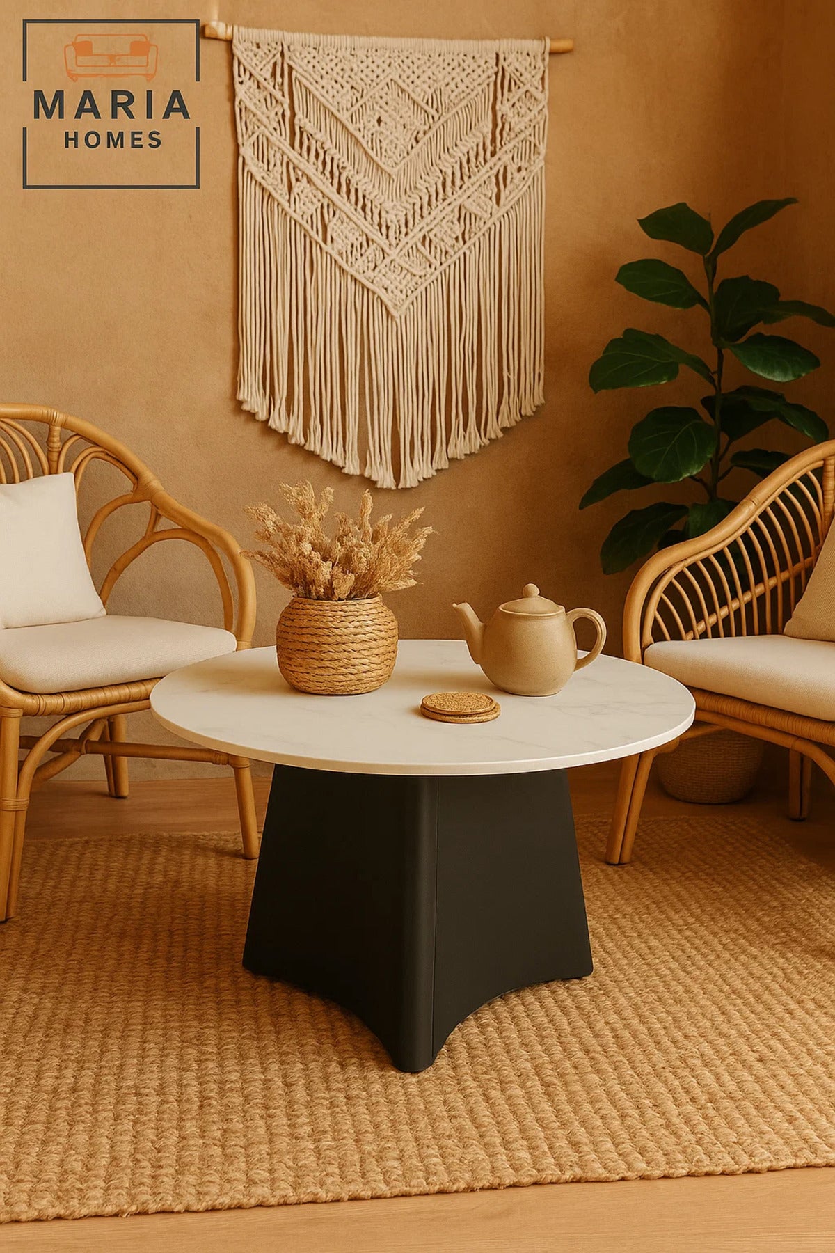 Modern marble round coffee table with matte black base 80*46