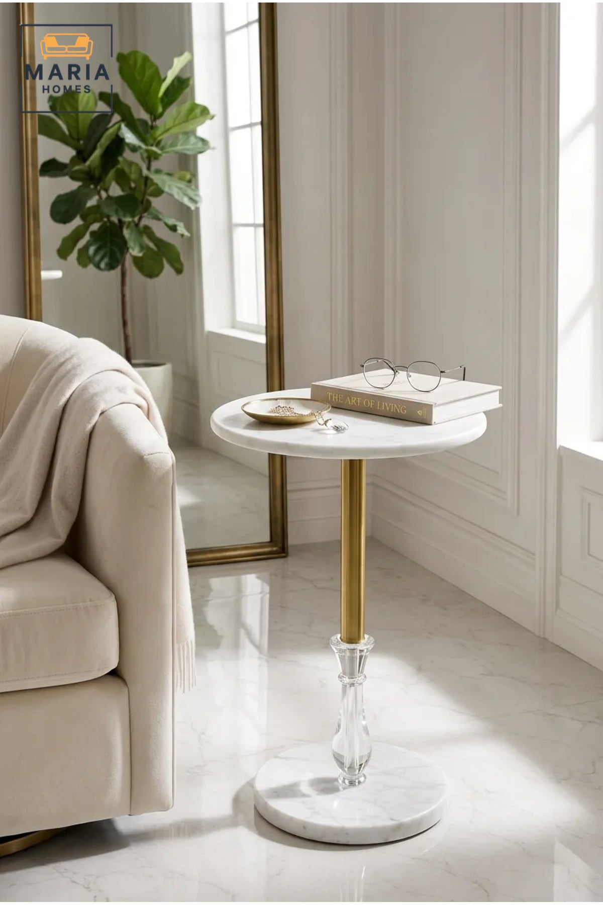 Modern Round Side Table with Marble-Effect Finish, Crystal Accent, and Gold Metal Frame