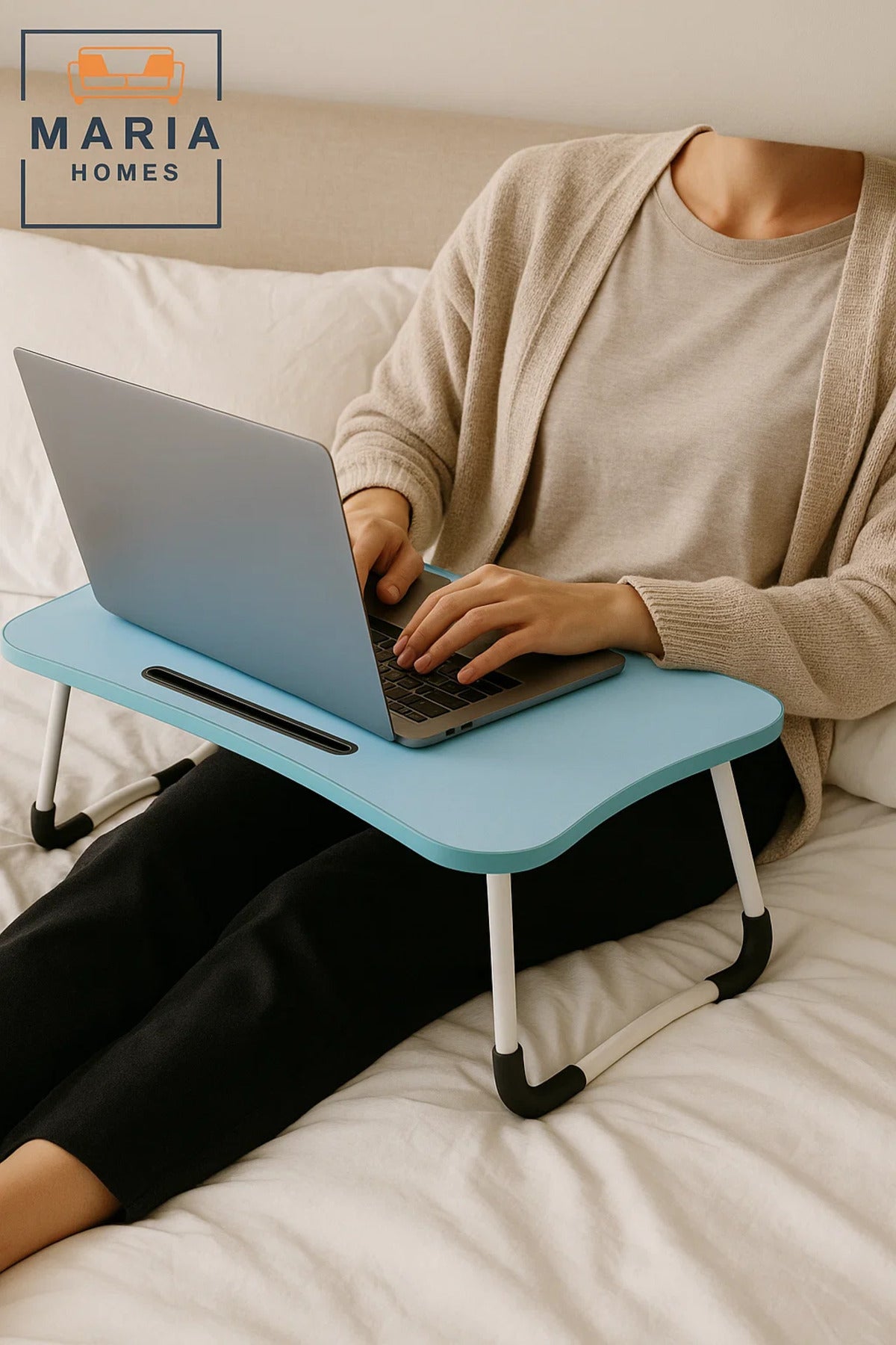 Portable Blue Foldable Laptop Table for Bed and Sofa with Tablet Slot