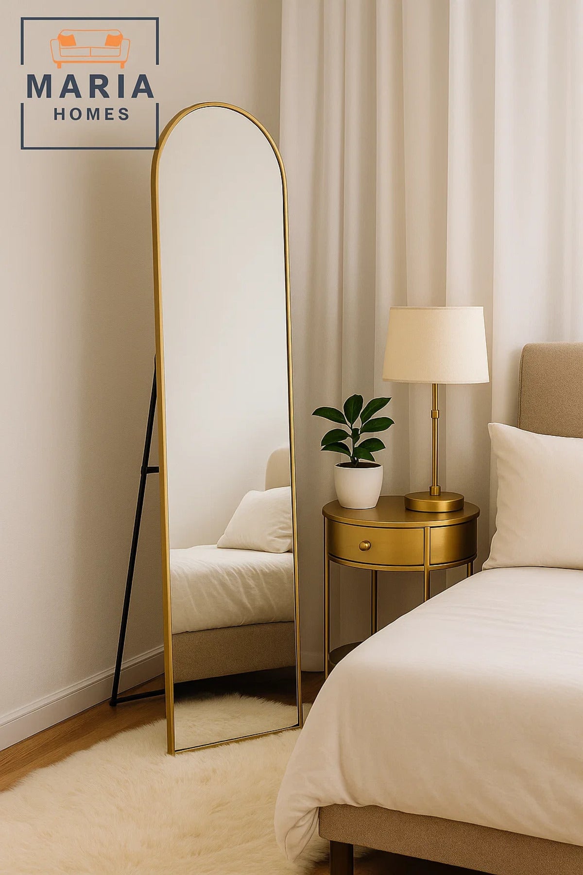 vModern Golden Frame Full-Length Mirror 160x40cm Arched Floor Standing Mirror for Bedroom