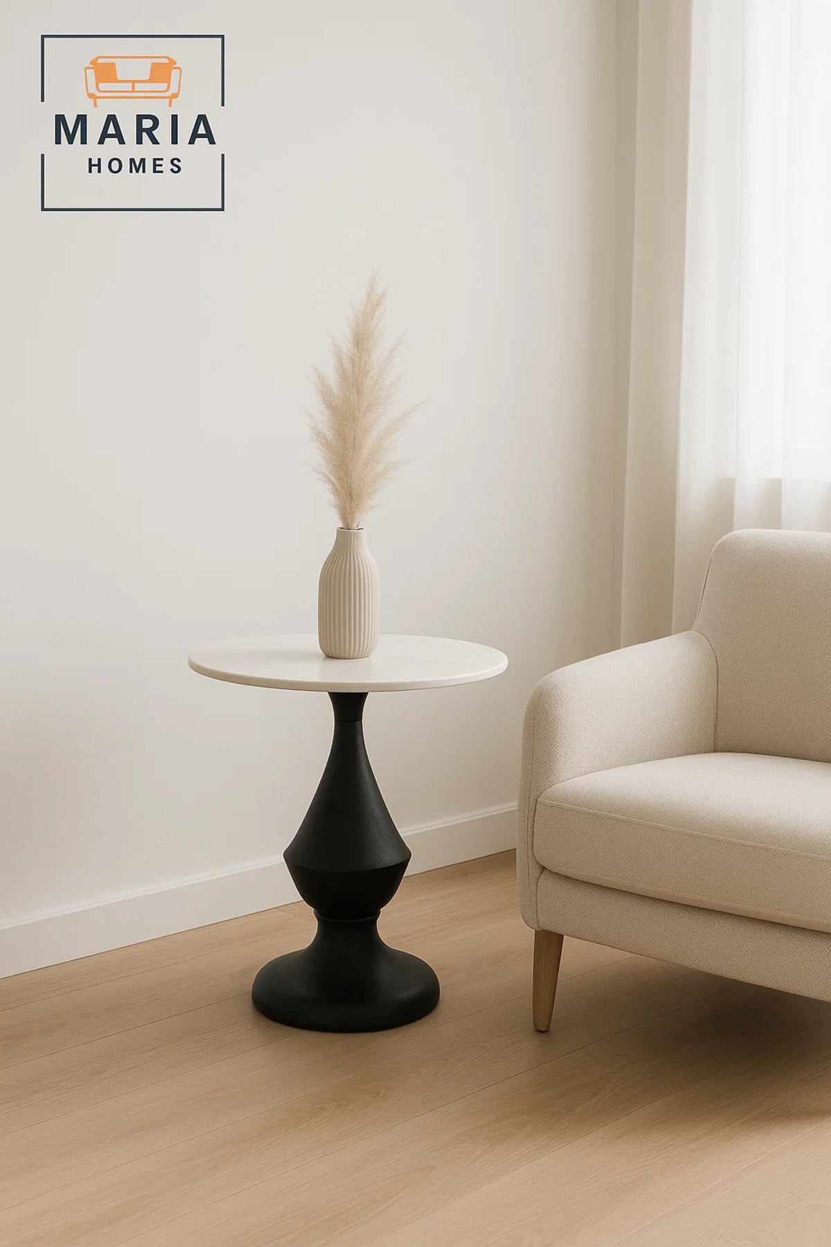 Ceramic Top Tea Table √ê Black Wood Style Round Side Table 45_45_55 cm