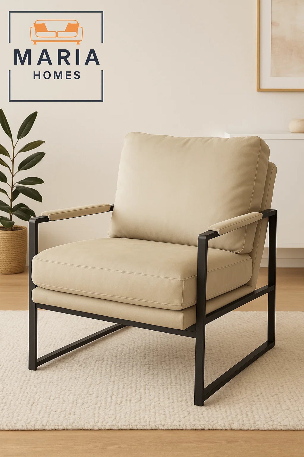 Beige Faux Leather Armchair Ð Modern Metal Frame Lounge Chair for Living Room or Office Decor