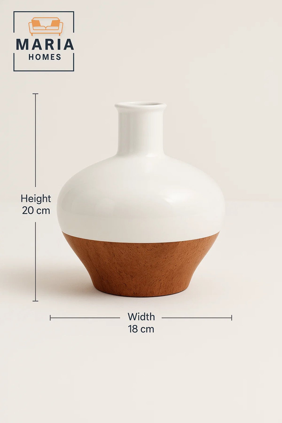 White and Cork Finish Ceramic Vase – Wide Round Decorative Flower Pot