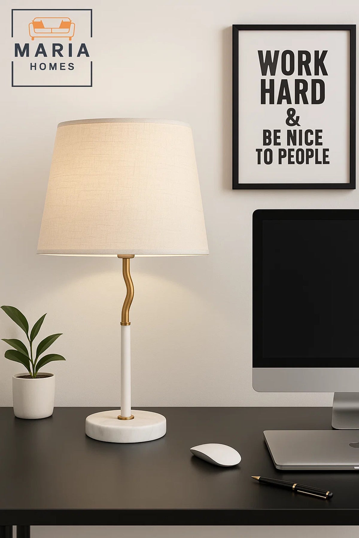 White Marble Table Lamp with Curved Gold Neck