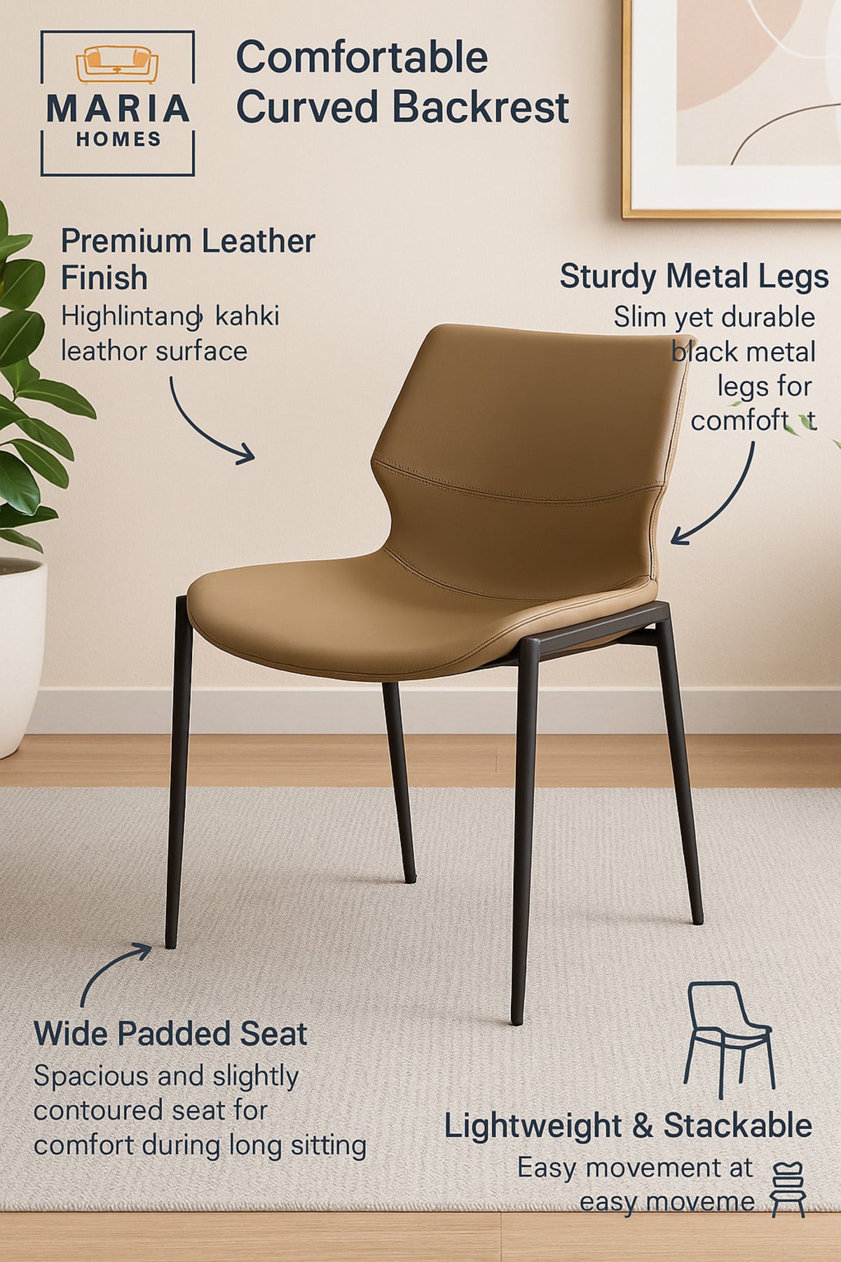 Modern Khaki Leather Dining Chair with Black Metal Legs Ð Elegant Seating for Home & Office