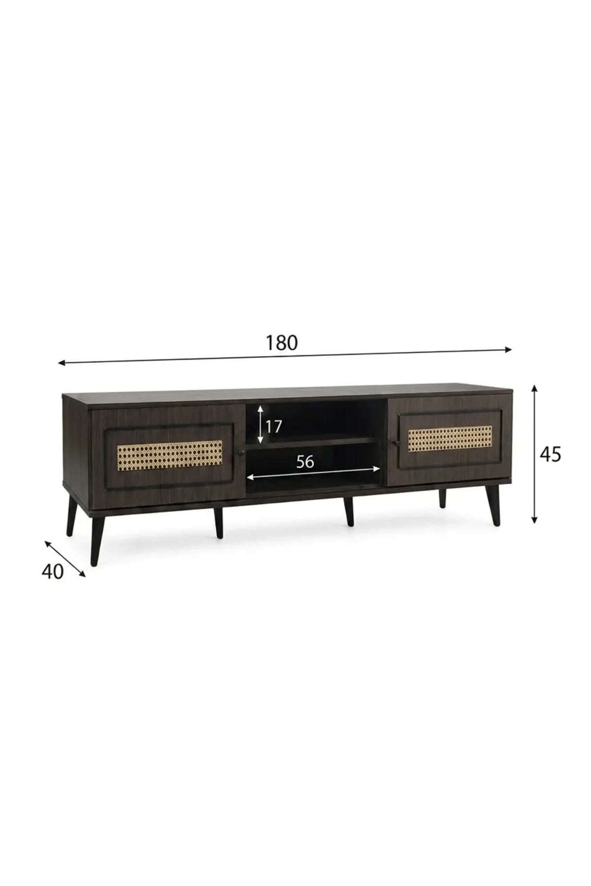 Modern Dark Walnut Rattan TV Unit 180 _ 40 _ 45 cm √ê Entertainment Center with Storage Cabinets and Open Shelves