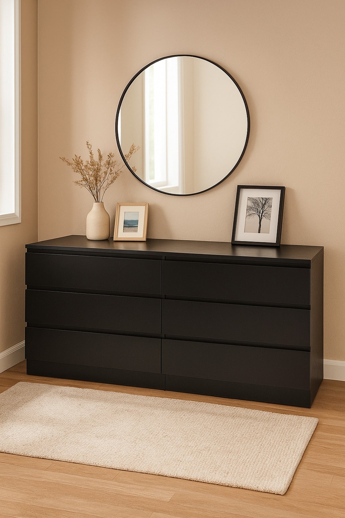 Black Wooden Drawer Cabinet 160_48_79 cm Ð Modern 6-Drawer Dresser for Bedroom, Living Room & Office