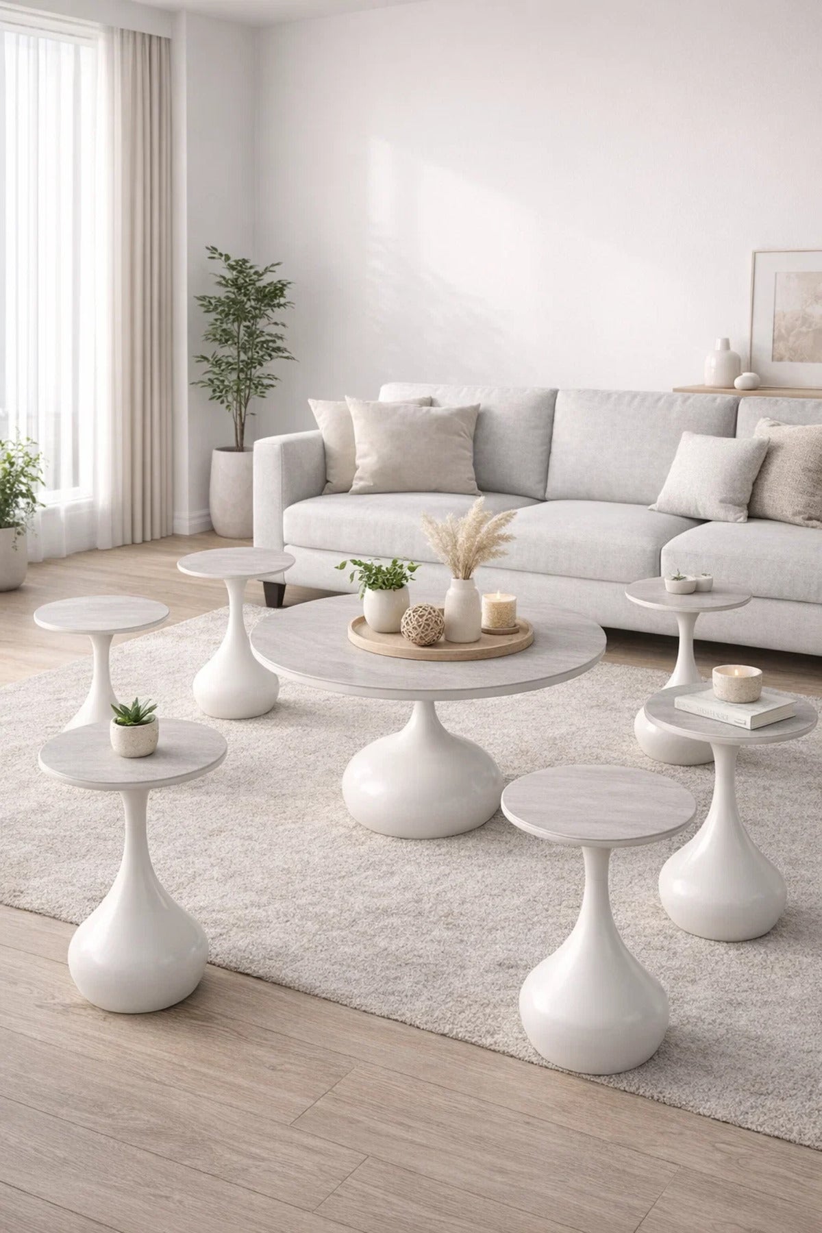 Luxury 7-Piece Ceramic Coffee Table Set Round Central Table and 6 Side Stands Light Grey Living Room