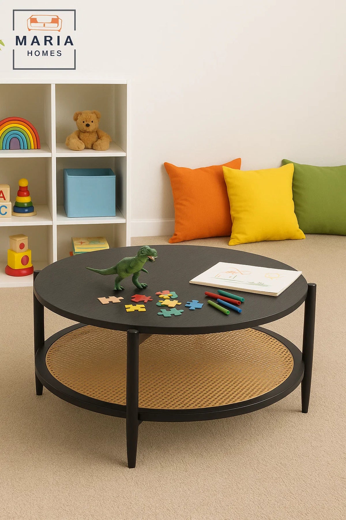 Large black round table with rattan shelf and wooden top