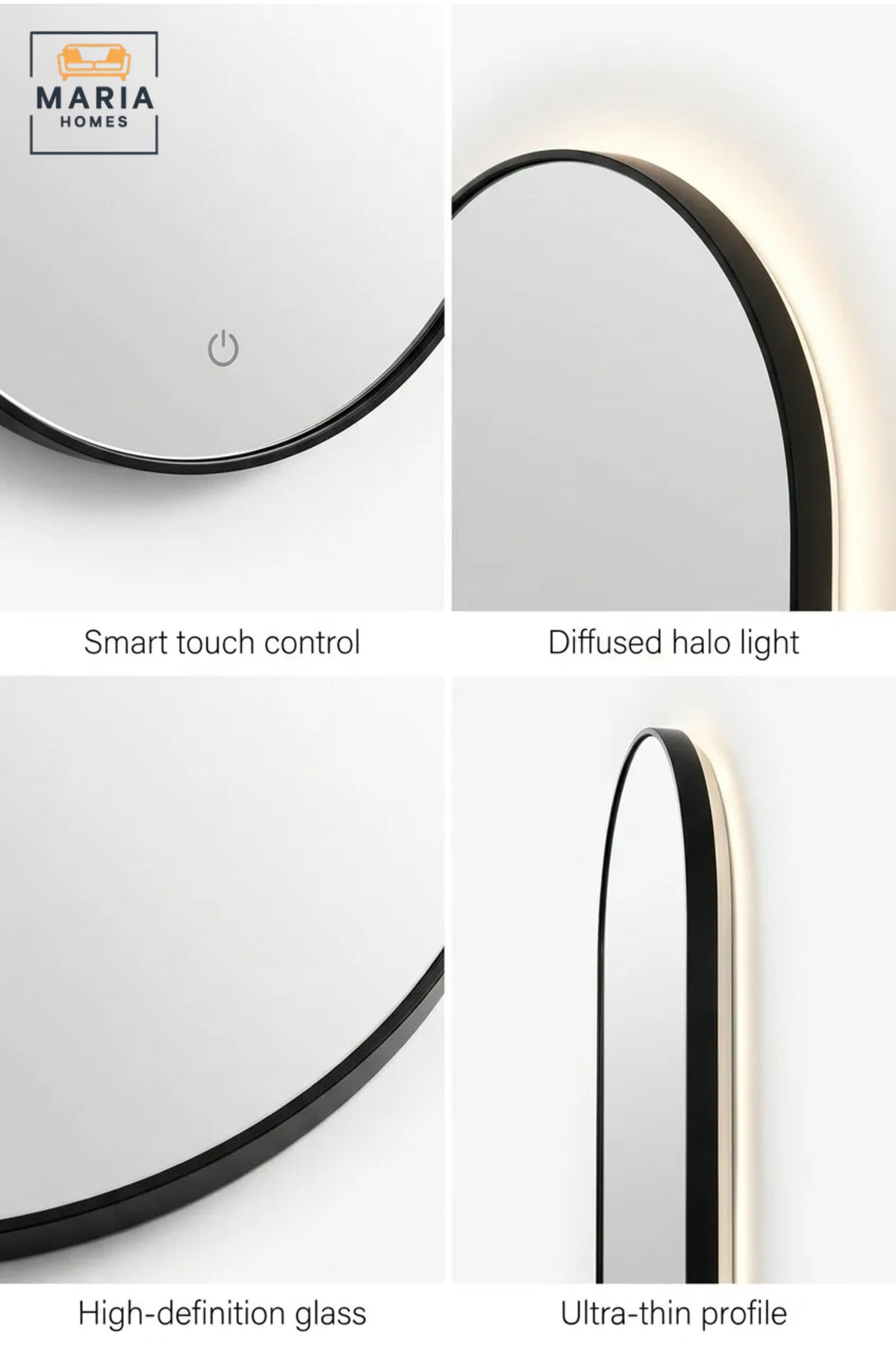 Modern Capsule-Shaped LED Wall Mirror with Touch Sensor, Backlit Framed Decorative Mirror for Bathroom, Bedroom, Vanity and Dressing Room