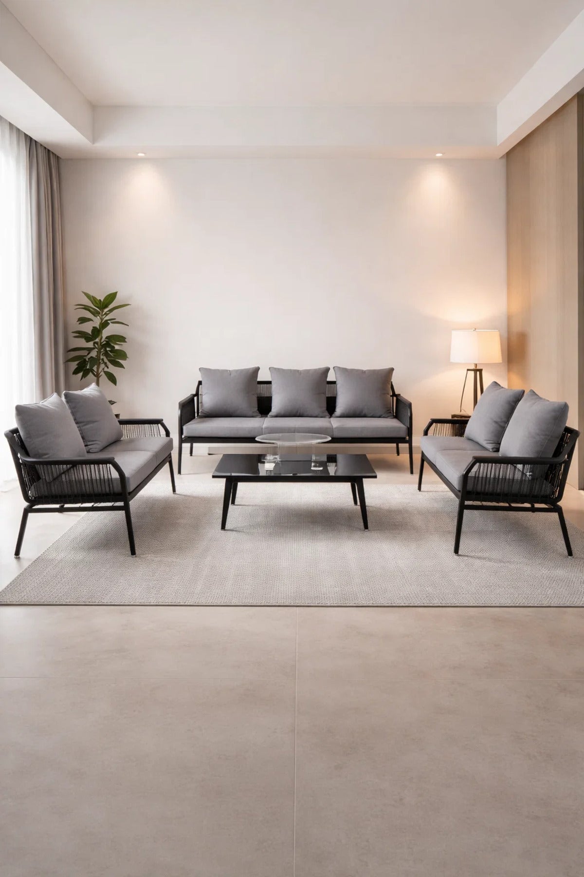 Sleek Black and Grey 7-Piece Outdoor Sofa Set with Glass Coffee Table √ê Stylish Modern Seating