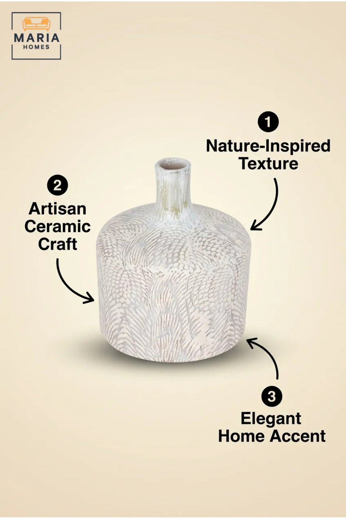 White Textured Decorative Vase, Modern Ceramic Flower Holder with Embossed Leaf Pattern and Narrow Neck for Living Room, Bedroom, Shelf and Table Décor