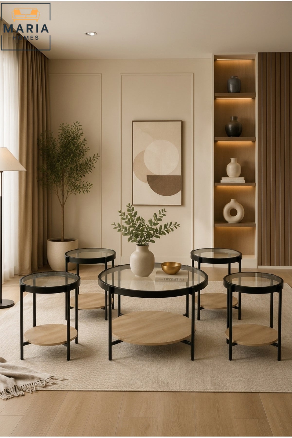 Modern Center Table Set √ê Glass Top with Metal Base, Living Room Coffee Table