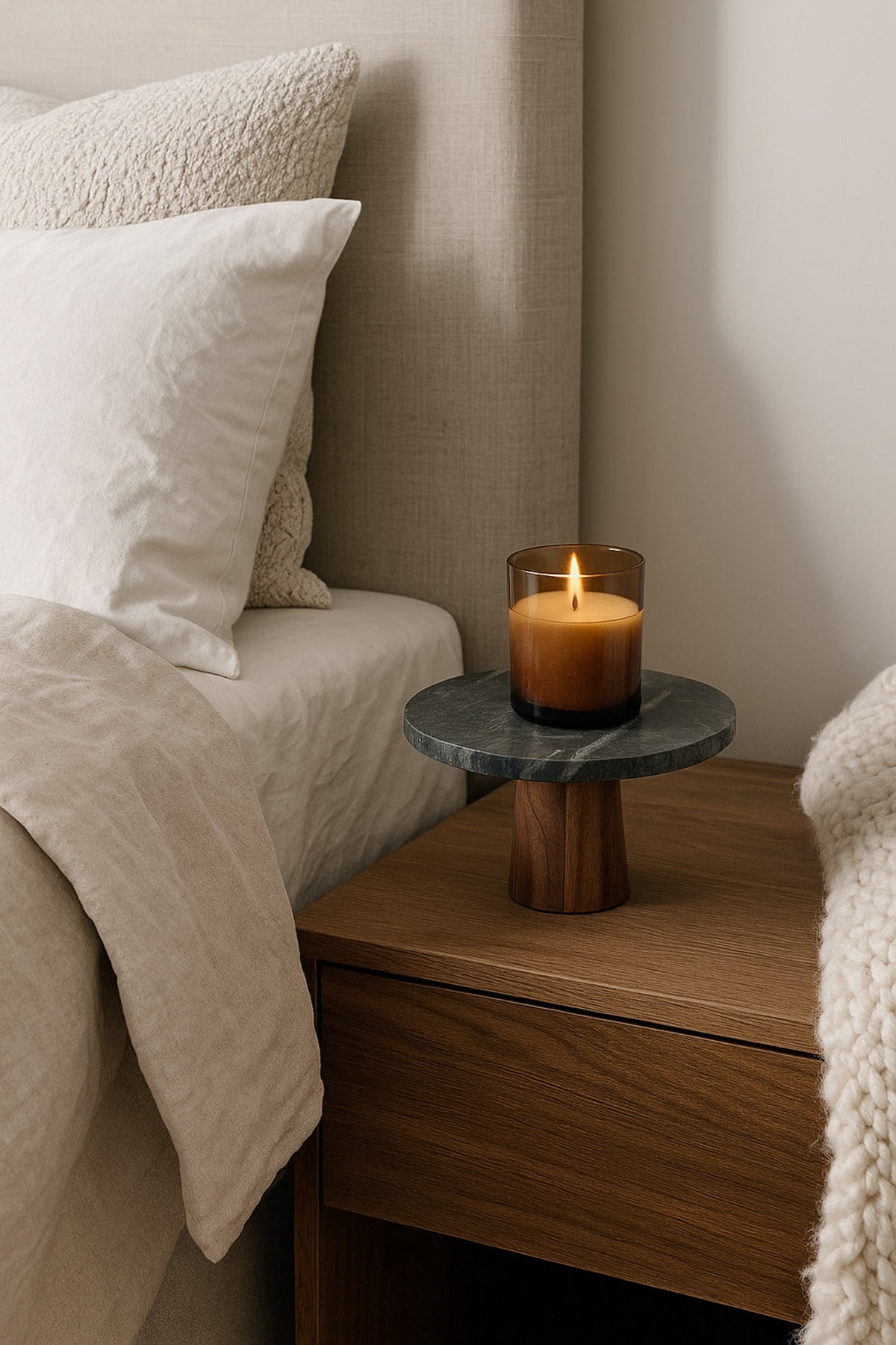 Black Marble Decorative Stand Ð Round Display Pedestal with Wooden Base