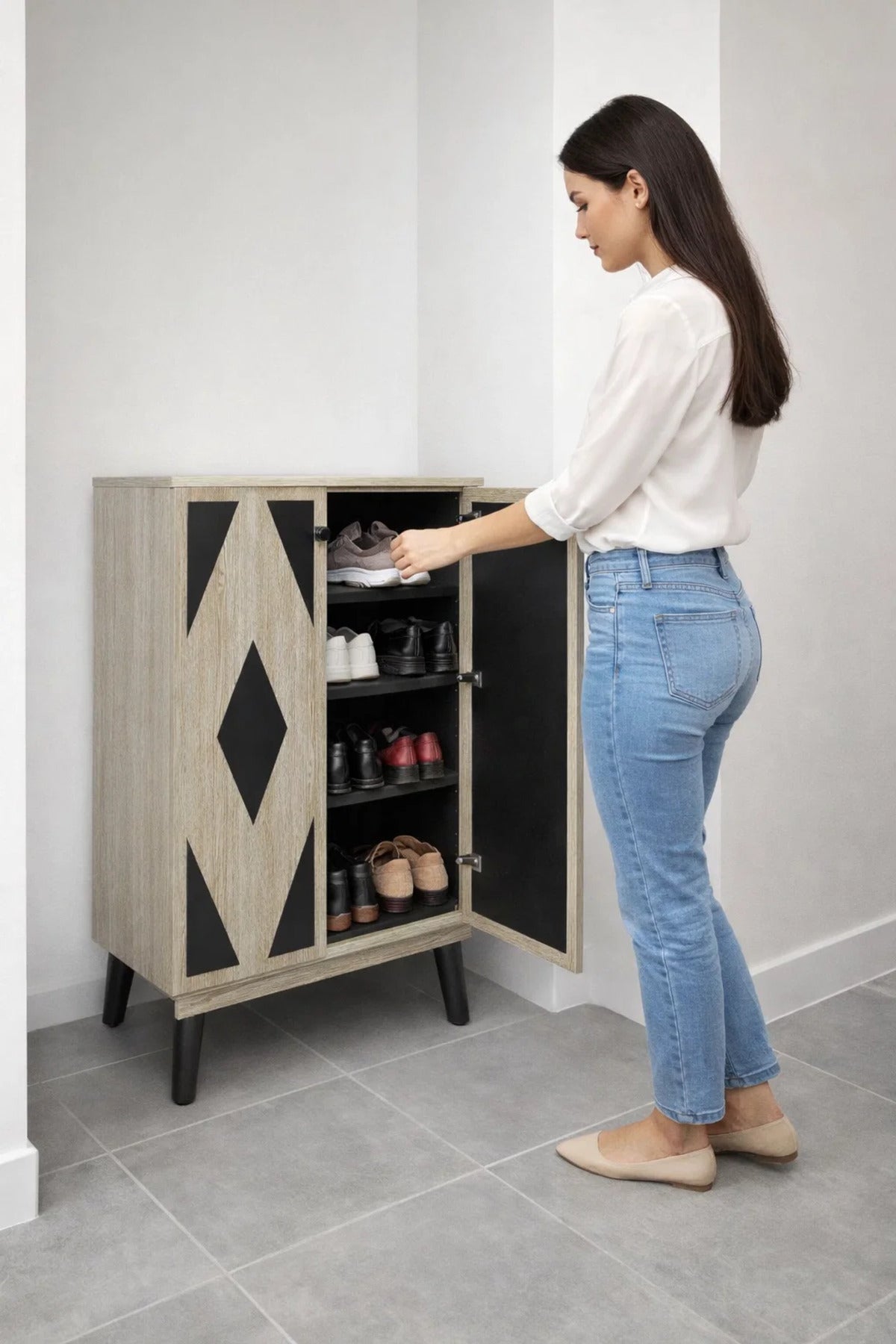 Stylish Beige Shoe Cabinet with Black Geometric Design Double Door Entrance Organizer Storage Stand
