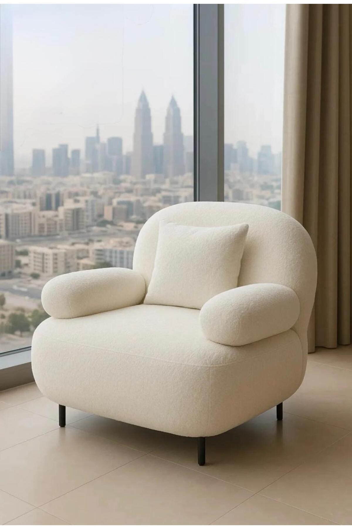 Modern White BouclŽ Lounge Chair with Pillow & Cushioned Armrests Ð Cozy Accent Seating
