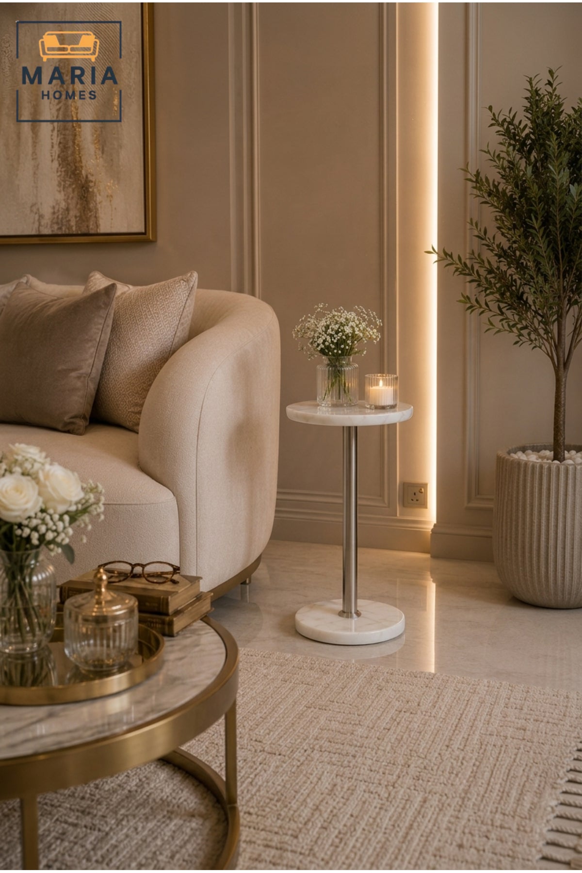 Modern Marble Side Table Round End Table Accent Table for Living Room Bedroom White Silver