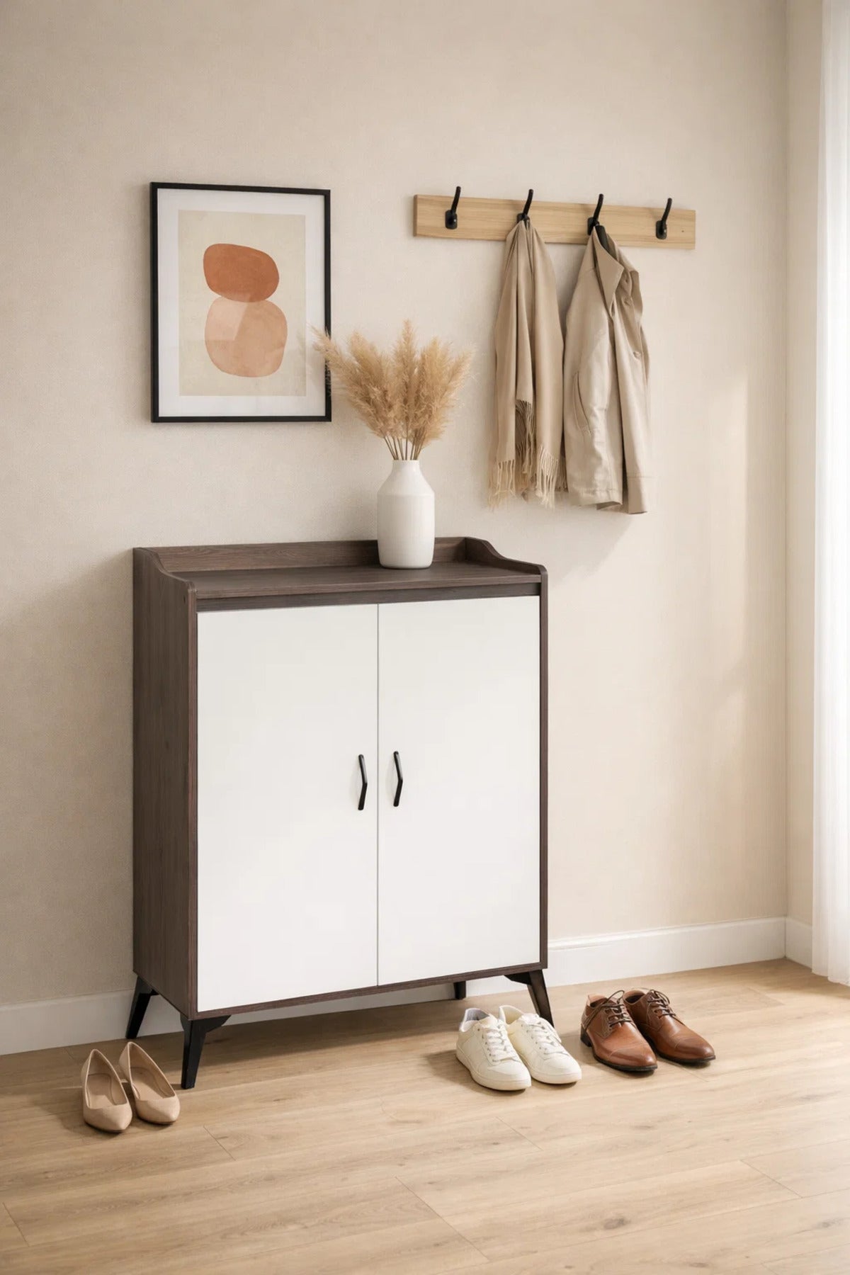 Modern Brown and White Shoe Cabinet Two Door Storage Organizer for Entryway Hallway 80x35x95cm
