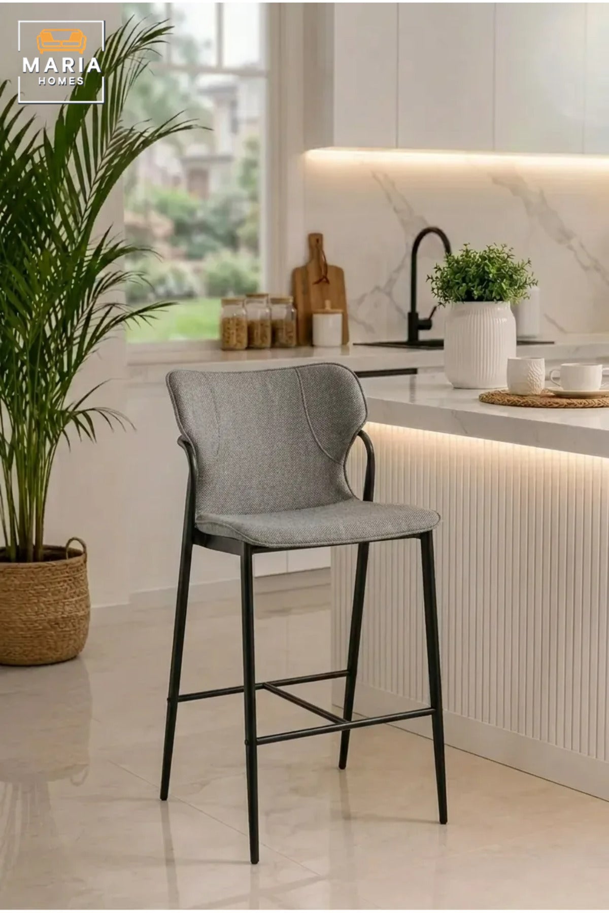 Modern Grey Upholstered Bar Chair – Contemporary Counter Height Stool with Metal Frame & Footrest
