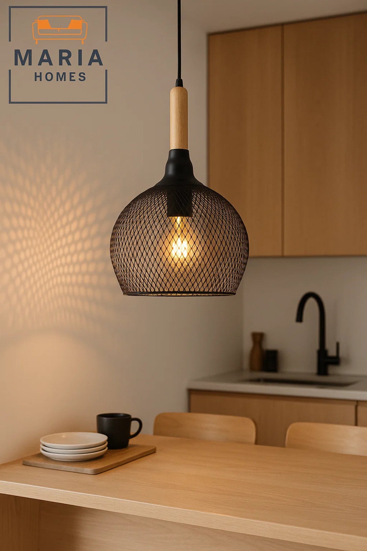 Modern Triple Drop Pendant Light in Grey and Wood