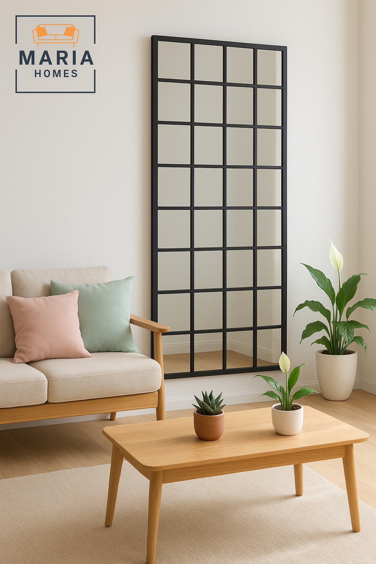 Black Wooden Frame Wall Mirror with Grid Design Ð Decorative Full-Length Mirror (180_80 cm)