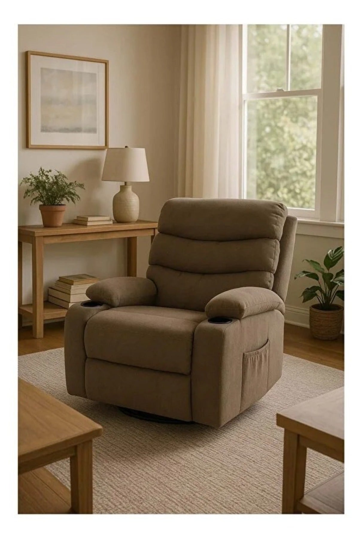 Brown Recliner Chair with Cup Holders Ð Soft Fabric, Swivel & Recline